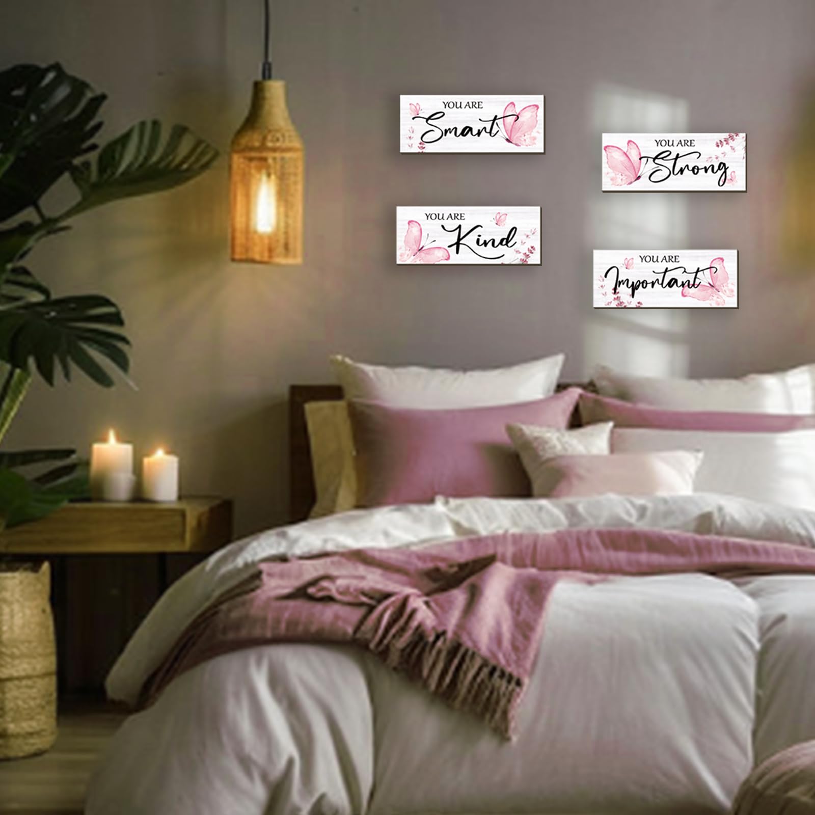 DONFENTHY 4 Pcs Butterfly Wall Decor Pink Room Decor Wooden Positive Butterfly Decor with Inspirational Word Sign for Teen Girls