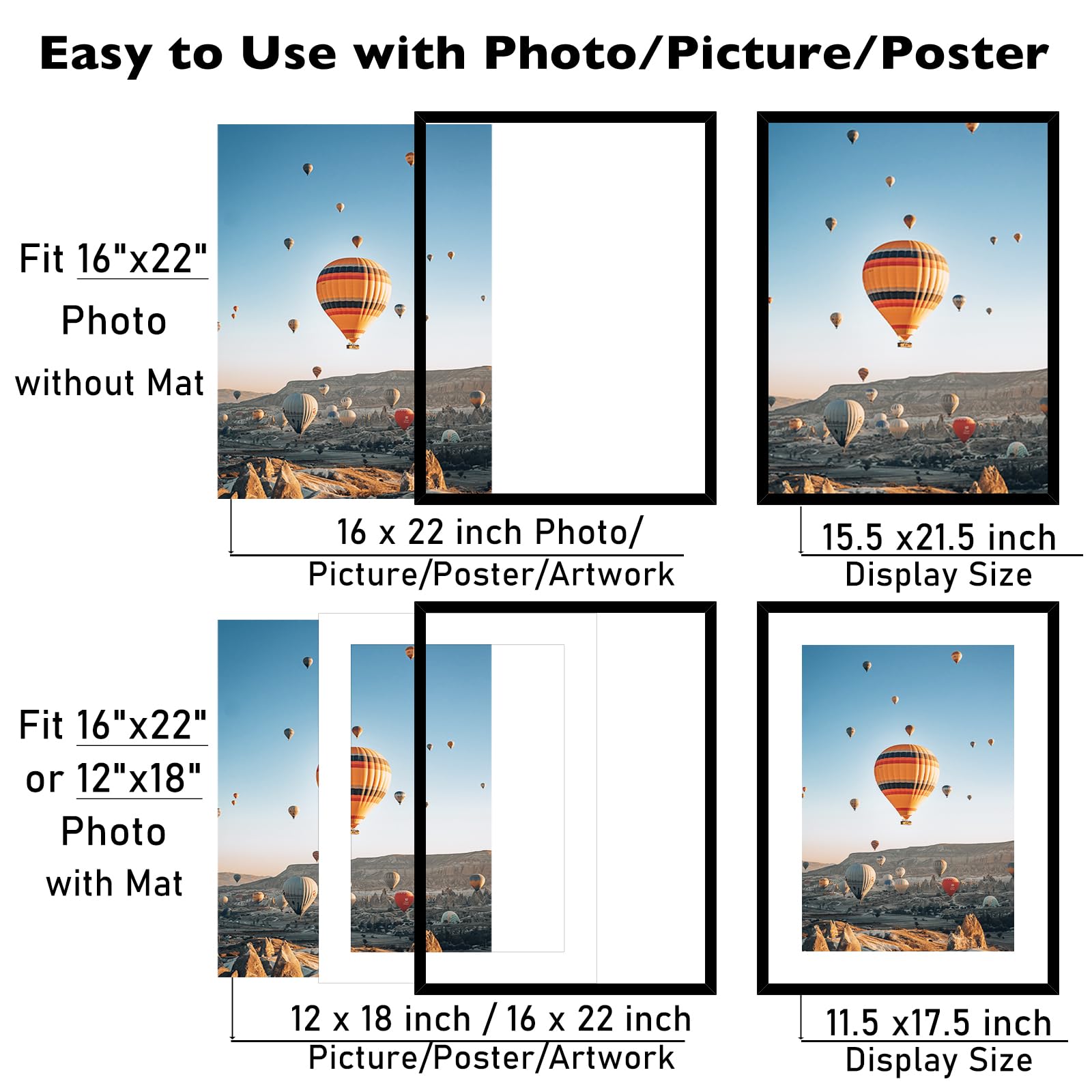 JCJMY 16x22 Picture Frame with 12x18 Mat, Display Photo 12x18 with Mat or 16 x 22 Without Mat, Wall Hanging Large 16 by 22 Poste