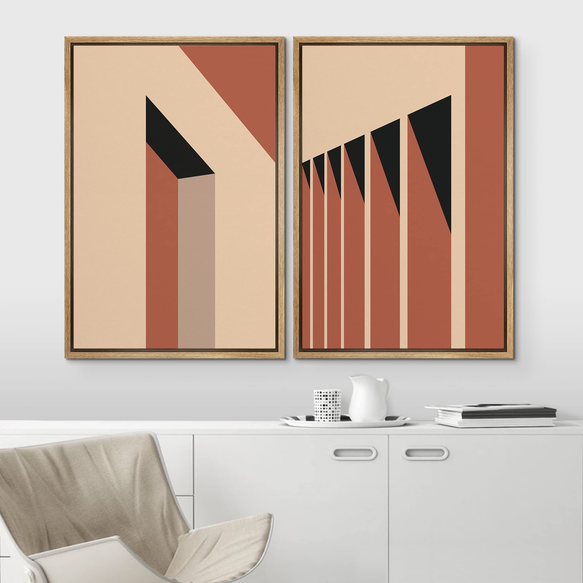 IDEA4WALL Framed Canvas Print Wall Art Set Geometric Mid-Century Architecture Shadows Abstract Shapes Illustrations Modern Art Decorative for Living Room  Bedroom  Office - 16''x24''x2 Natural