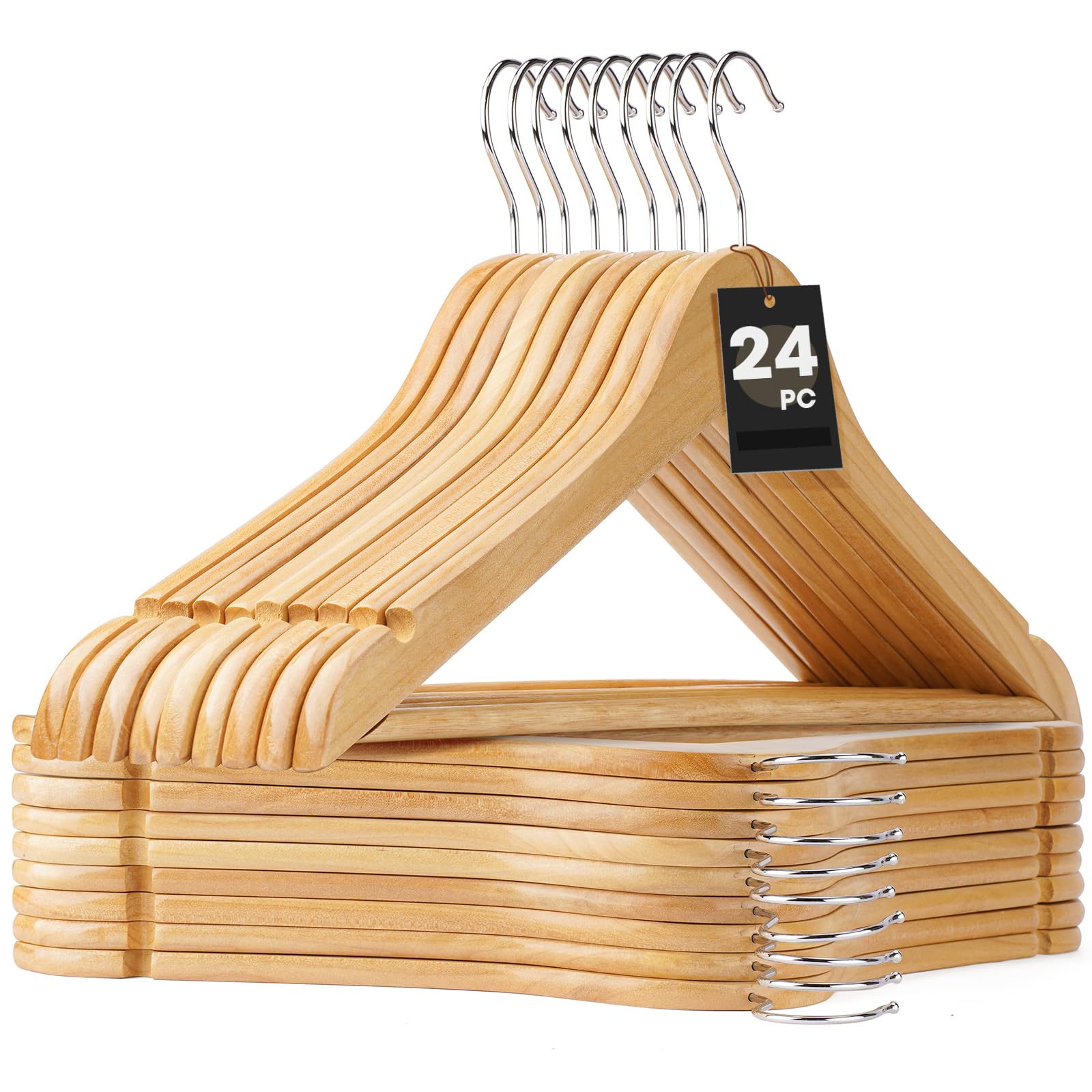 Korpai 24-Pack Wooden Hangers,Wooden Clothes Hangers With Smooth Shoulder Grooves,Suit Hangers With 360-Degree Rotatable Hook, D
