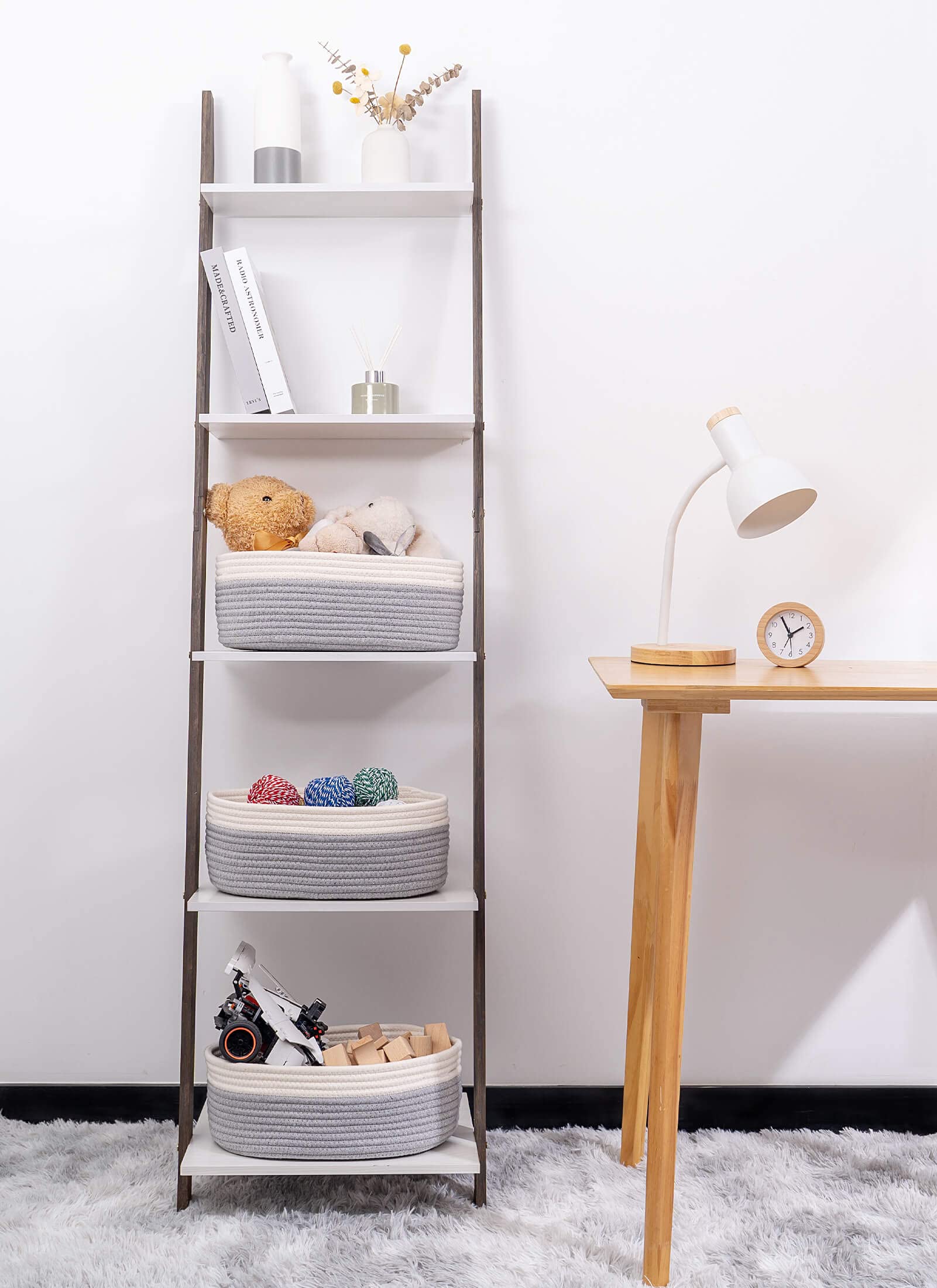 Kriitools Baskets for Shelf Storage Cute Basket to Store and Organize Household Items/Woven Rope Basket for Living Room  Bedroom Playroom/Durable Small Oval-13x8.66x5.11?? 3 Packs Off White&Gray