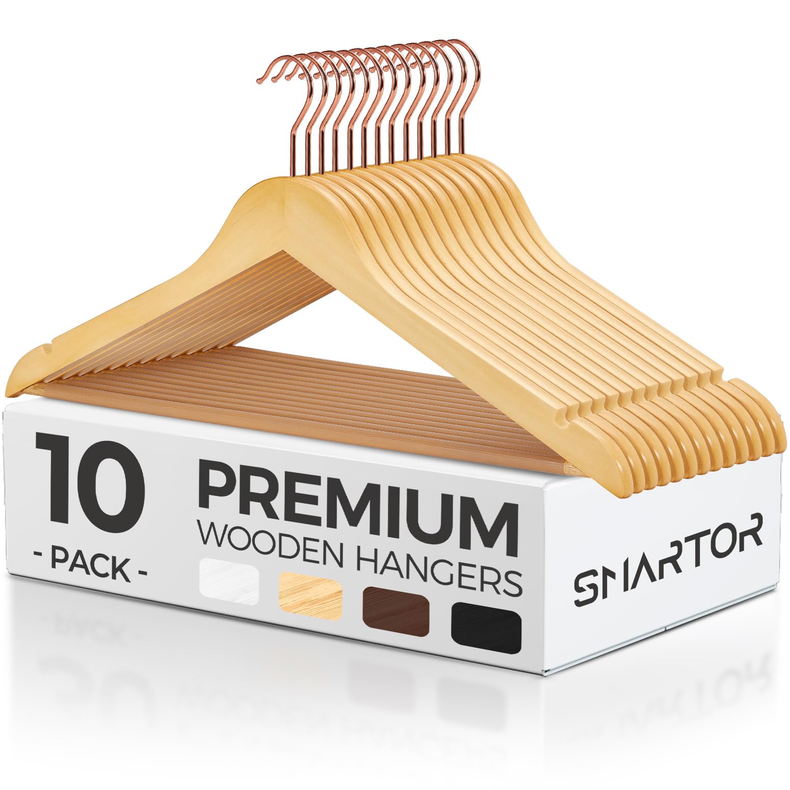 Smartor Wooden Hangers 10 Pack  Durable Coat Hanger Wood Hangers with Bar  Premium Suit Hangers for Men Women - Heavy Duty Hangers Pants Hanger Set with 360? Rose Gold Rotatable Hook  Natural