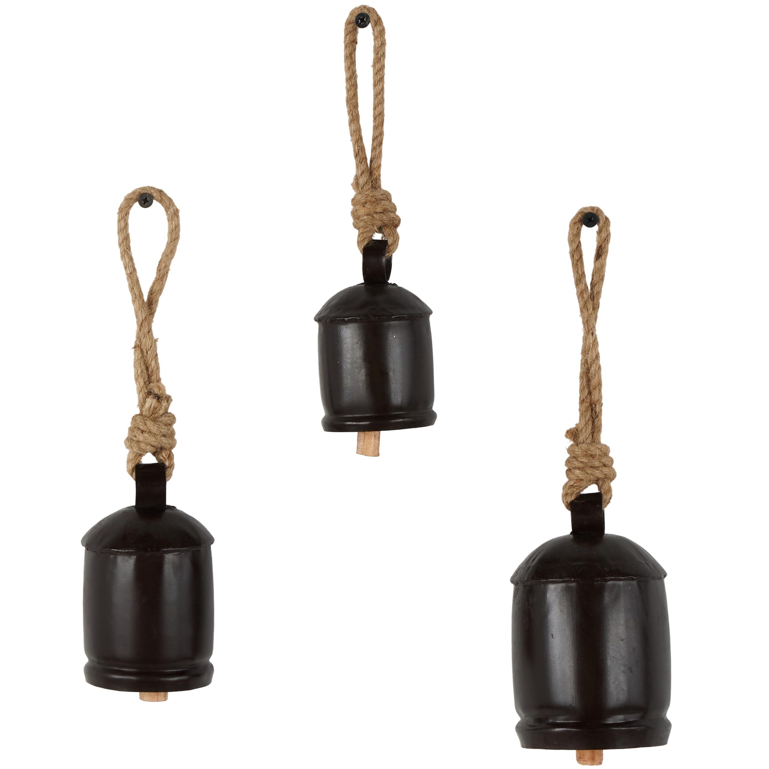 Deco 79 Metal Indoor Outdoor Decorative Cow Bells Cluster Meditation Bell with Jute Hanging Rope, Set of 3 Cow Bell 4, 3, 2 H, B