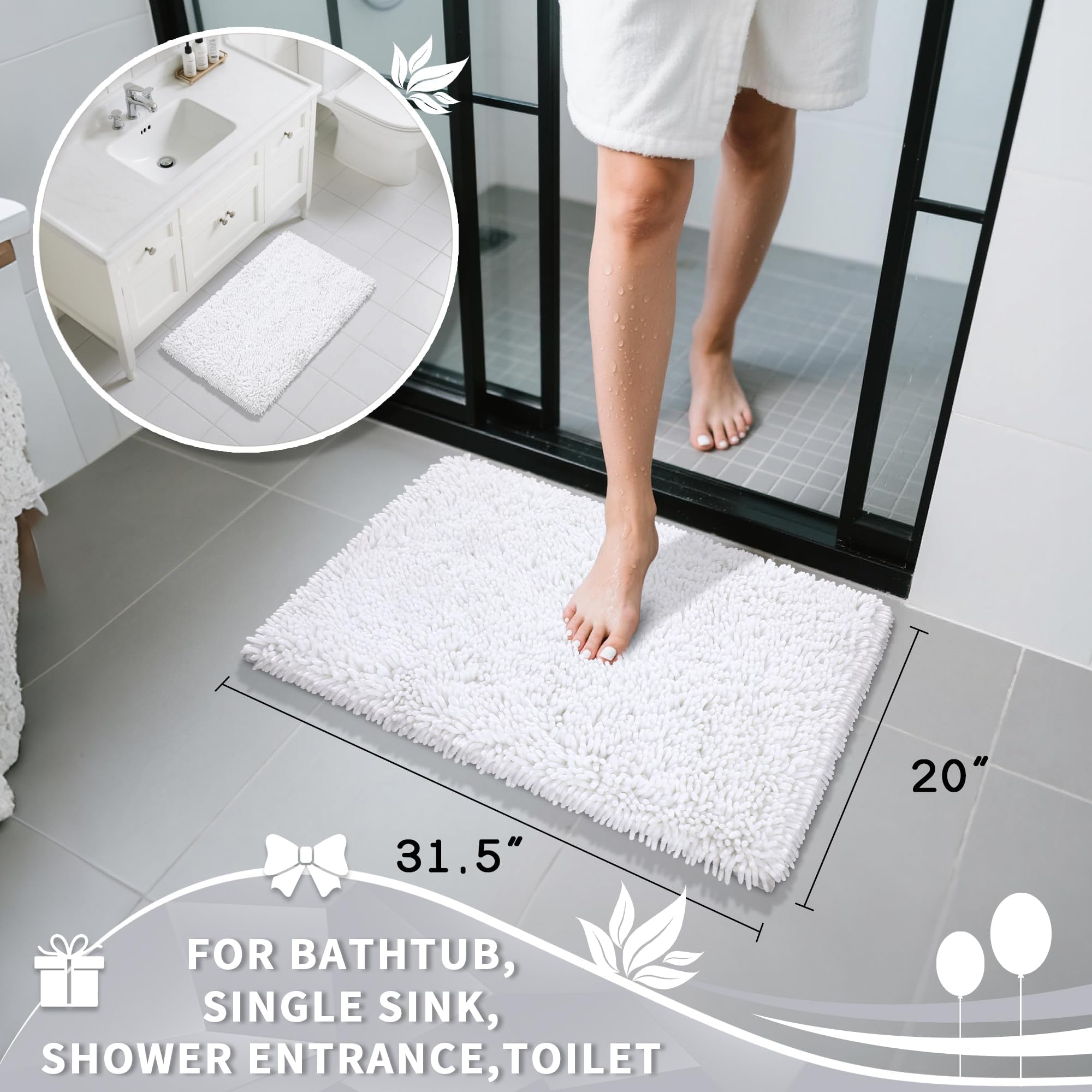 Yimobra Luxury Chenille Bath Rug  Extra Soft and Absorbent Shaggy Bathroom Mat  Machine Washable  Non-Slip Plush Rugs Carpet for Tub  Shower  and Bath Room  31.5 x 19.8 Inches  White