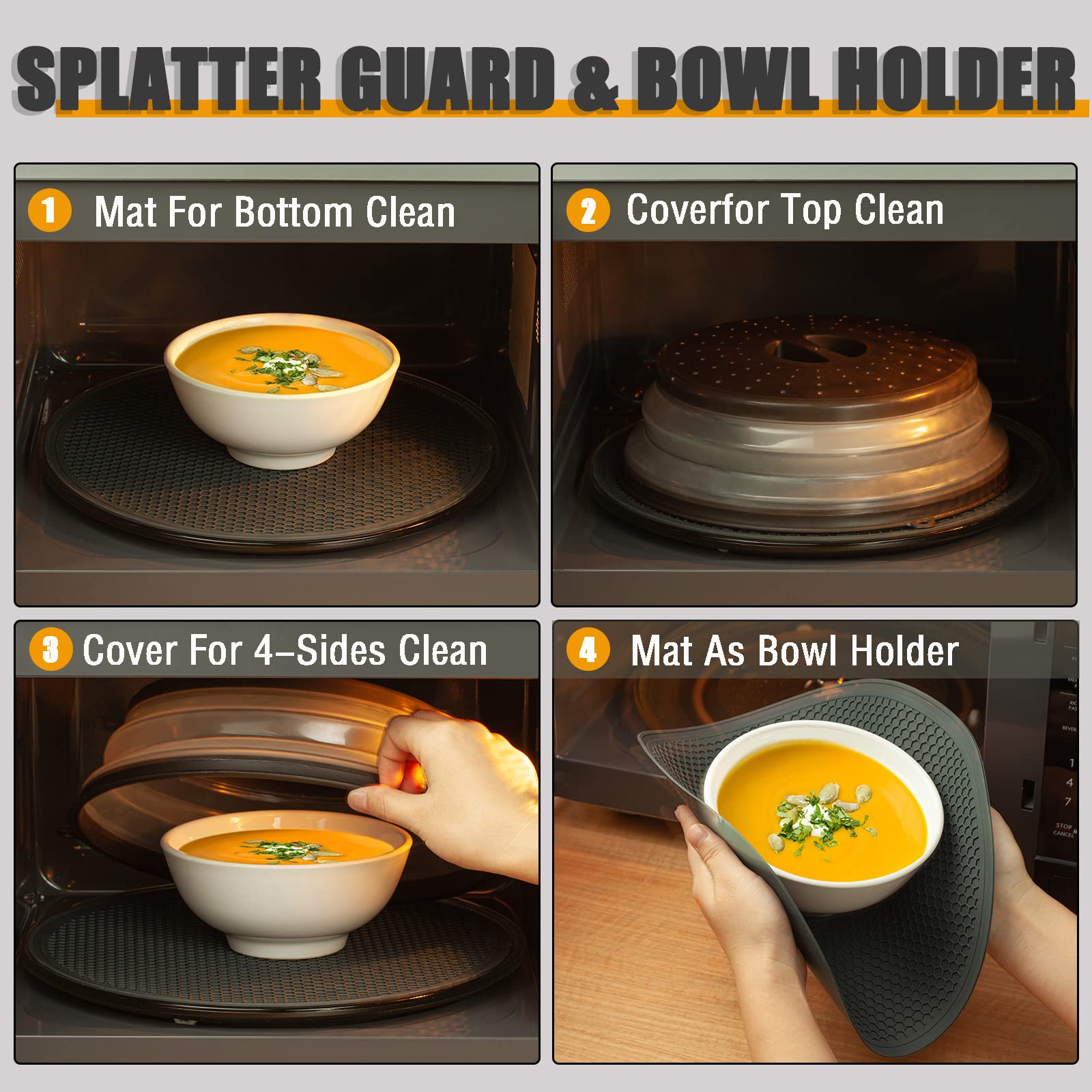 MAGJIUKE Microwave Food Cover & Mat, Vented Silicone Trivet, 11"x11", Heat Resistant, Non-Slip, Essential Kitchen Tool