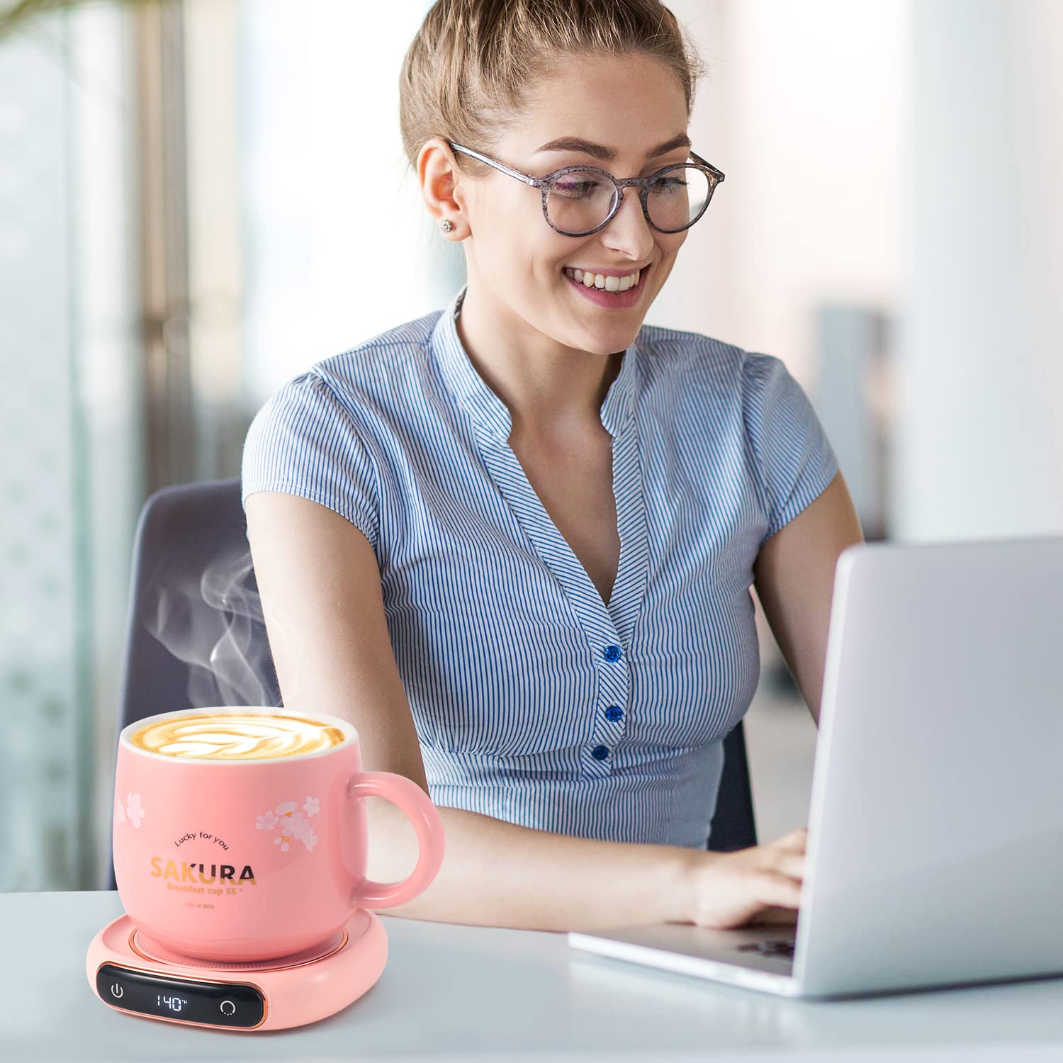 Bsigo Electric Led Display Smart Coffee Mug Warmer & Cute Cat Mug Set, Beverage Cup Warmer For Desk, Warmer Plate For Milk Tea W