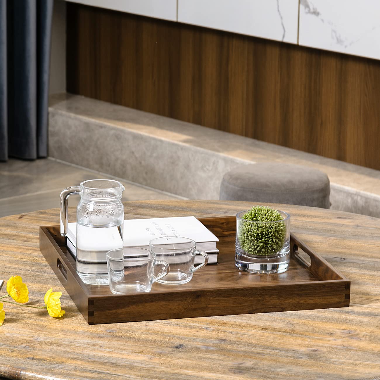 Kingcraft 19 X 19 Inches Black Walnut Large Ottoman Tray Wooden Table Tray Square Solid Serving Tray With Handles Platter Decora