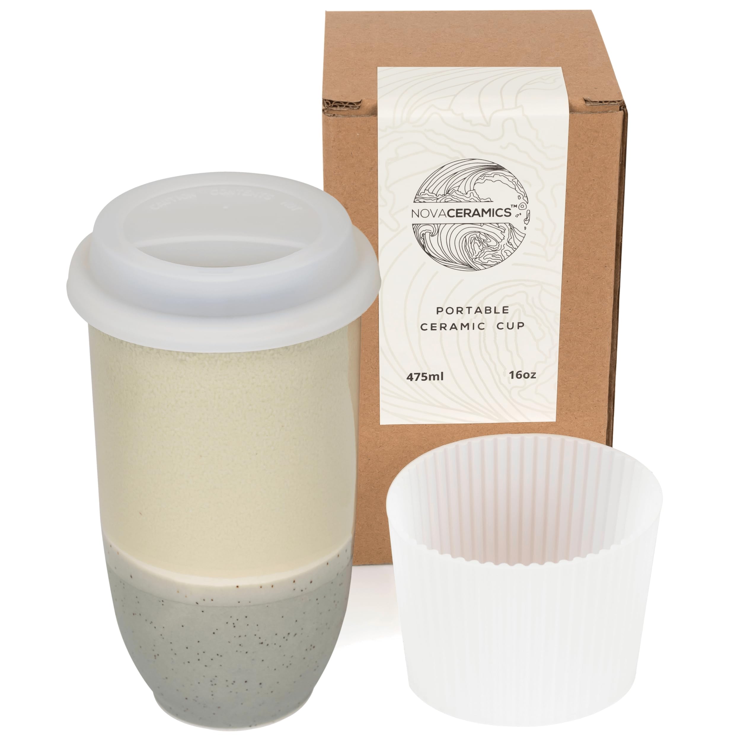 NOVA CERAMICS Travel Mug - Ceramic Coffee Mug With Lid - Microwave & Dishwasher Safe Coffee White & Grey Tumbler - Gifts For Wom
