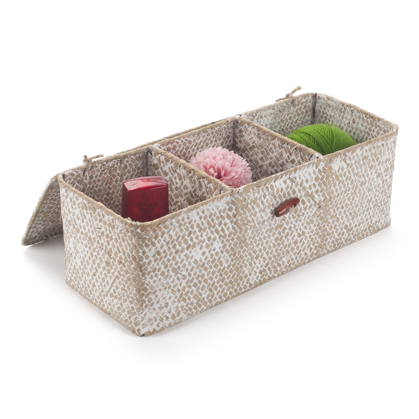 Seagrass Storage Basket with Lid Rectangular Small Woven Shelf Baskets with Sections for Organize Snack Toys Whitewash
