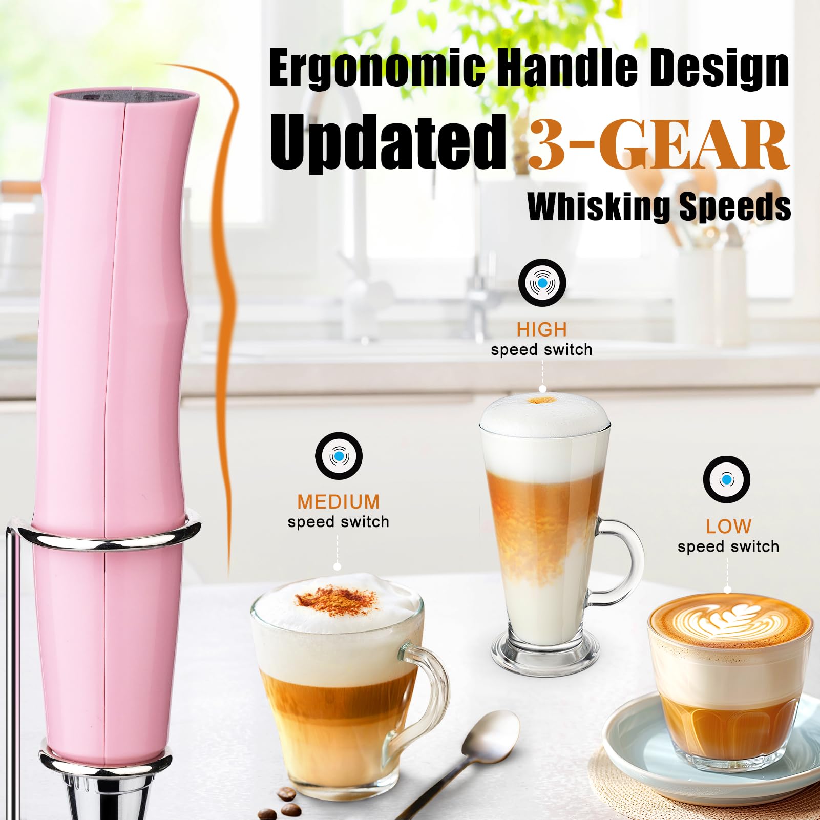 Nahida Pink Milk Frother Wand For Coffee, Frother Handheld With Stand Rechargeable Electric Whisk With 3 Heads 3 Speeds Drink Mi