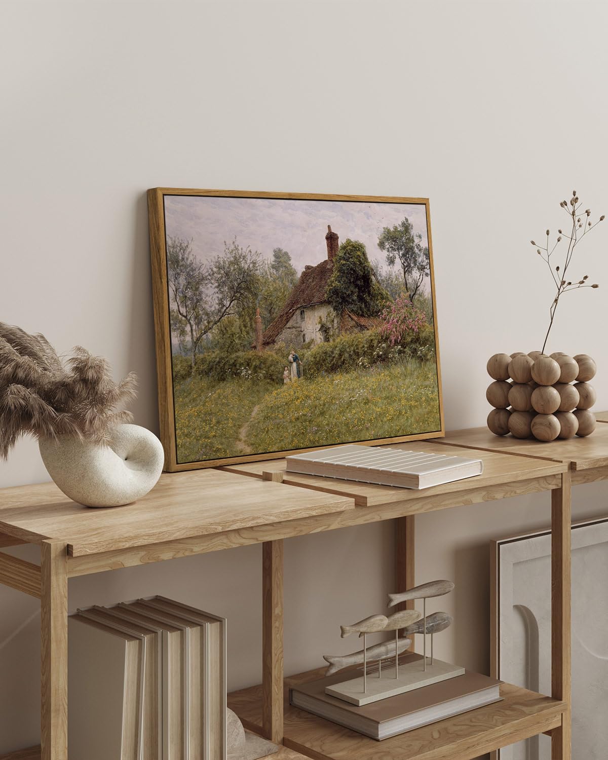 Insimsea Framed Canvas Wall Art Vintage Decor, Old Cottages Countryside Landscape Large Canvas Wall Art, Rustic Farmhouse Wall D