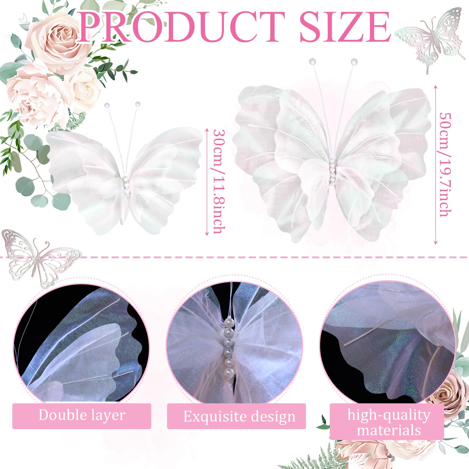 Geelin 6 Pcs Giant Artificial Butterfly Party Decorations 20 Inch 12 Inch 3D Silk Butterfly Wall Decorations for Baby Shower Dec