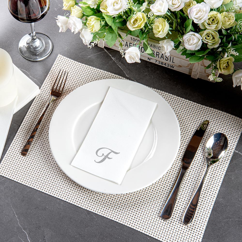 Luxenap 15.8 X 7.9 Inch Linen-Feel Guest Towels, 50 Lettered Hand Towels - Silver Letter 'F', Cursive Font, White Paper Dinner N