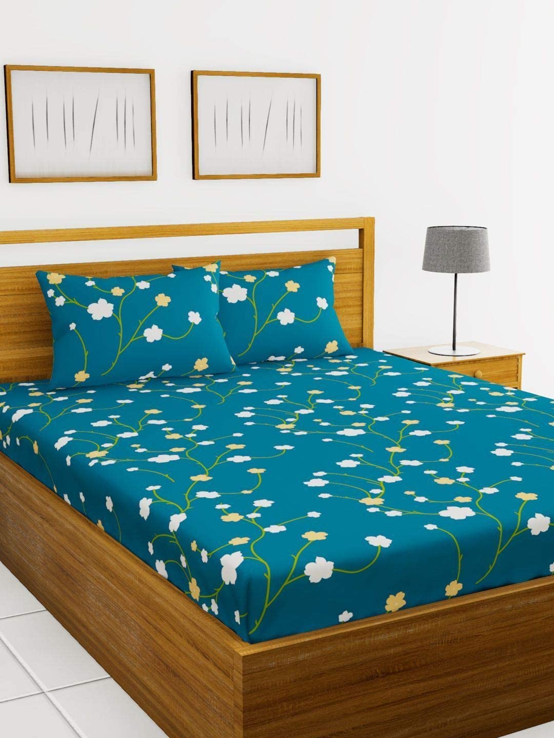 Spanglehomes 100% Soft Glace Cotton Elastic Fitted Single Bed Bedsheet With 1 Large Pillow Cover(Single Bed 36 X72X6 Inches,Blue