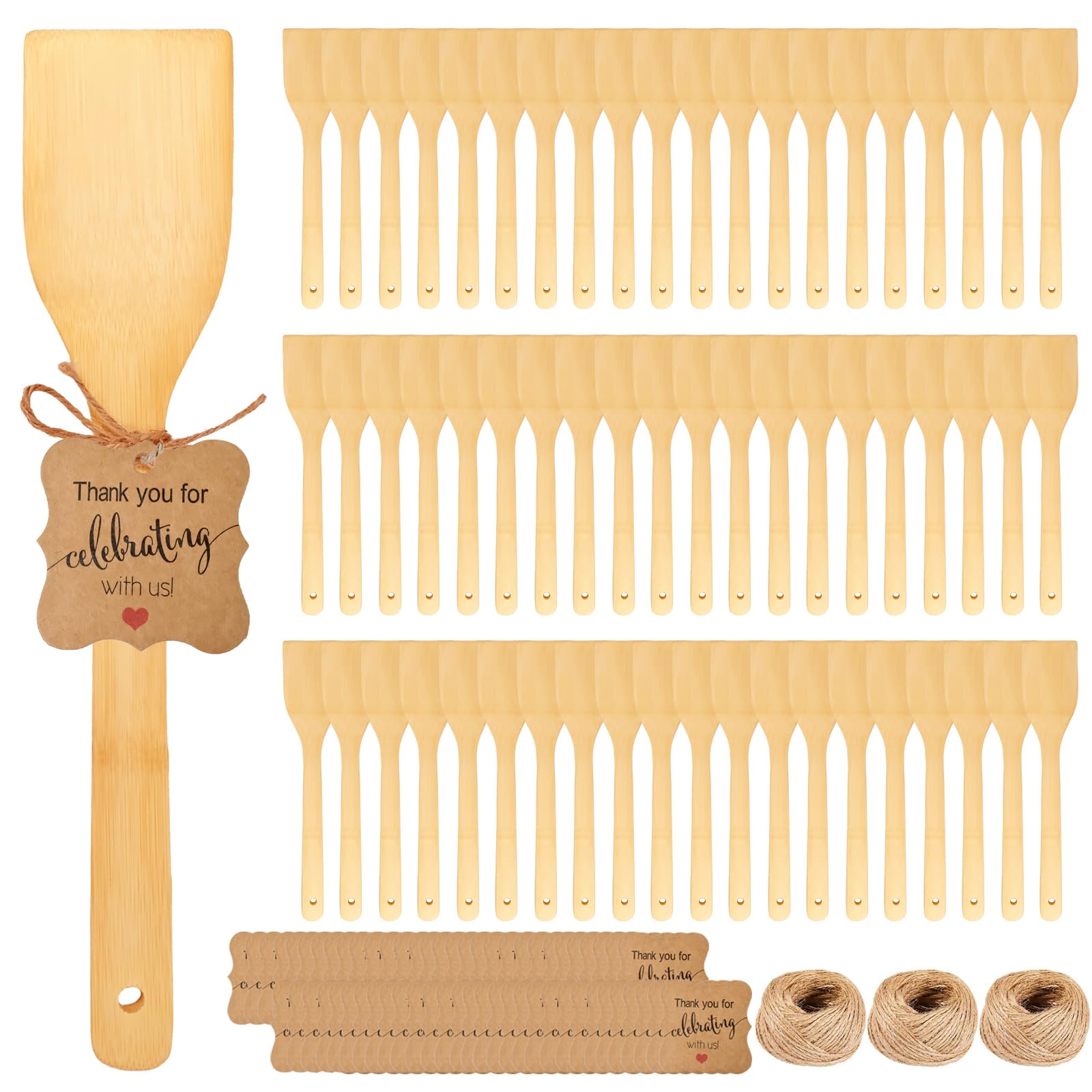 LECEHIVO 60 Sets Bamboo Spatula with Thank You Cards and Hemp Rope 12 Inch Flat Handle Cooking Wok Spatula for Kitchen Utensils 