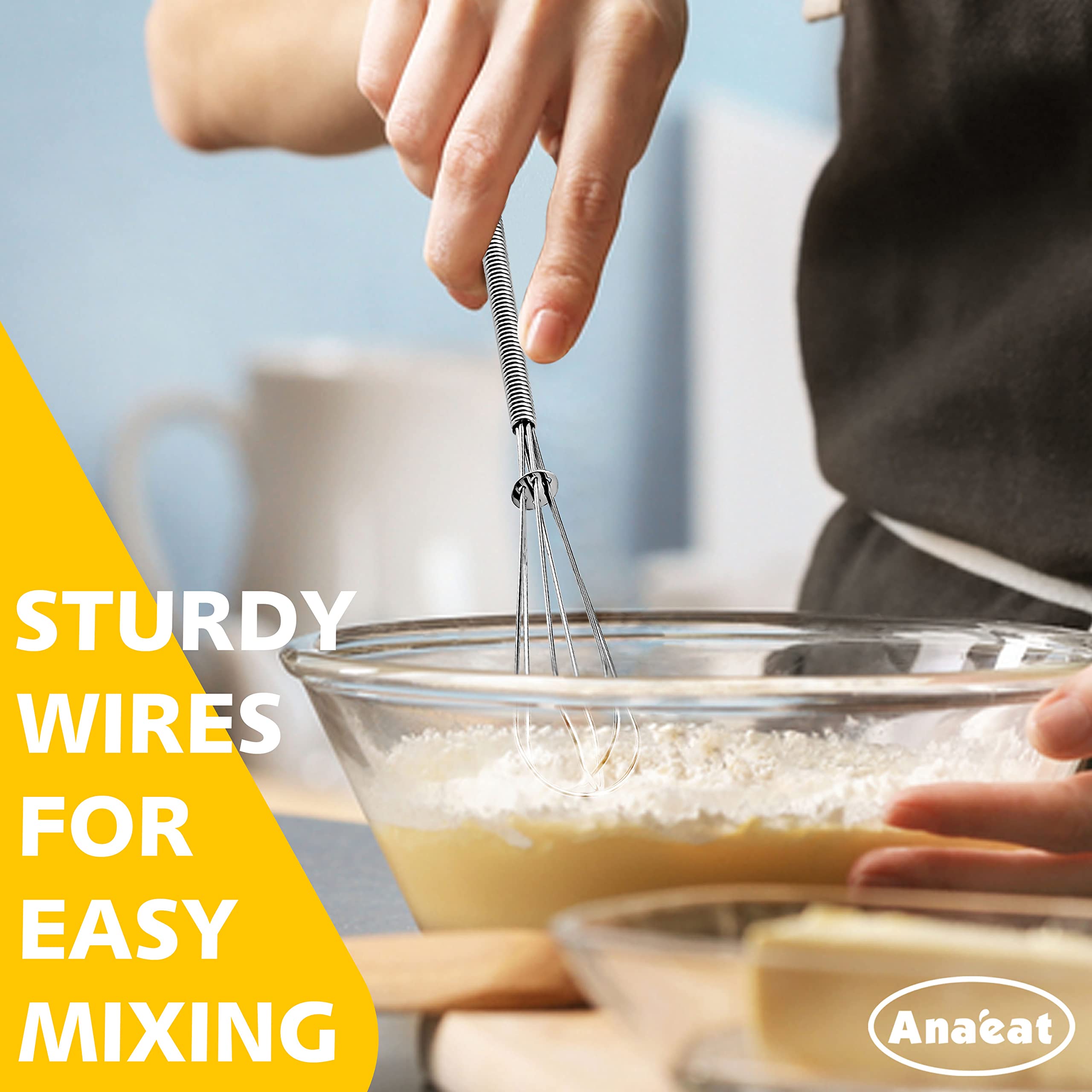 Anaeat Mini Wire Whisks Set of 2 - Stainless Steel, 5" & 7" Portable Kitchen Whisks for Cooking, Blending, Beating, Stirring