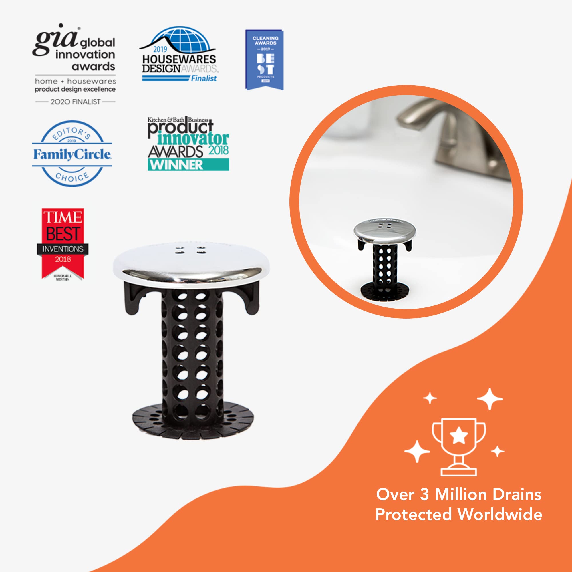 Sinkshroom Chrome Edition Revolutionary Bathroom Sink Drain Protector Hair Catcher, Strainer, Snare, Black