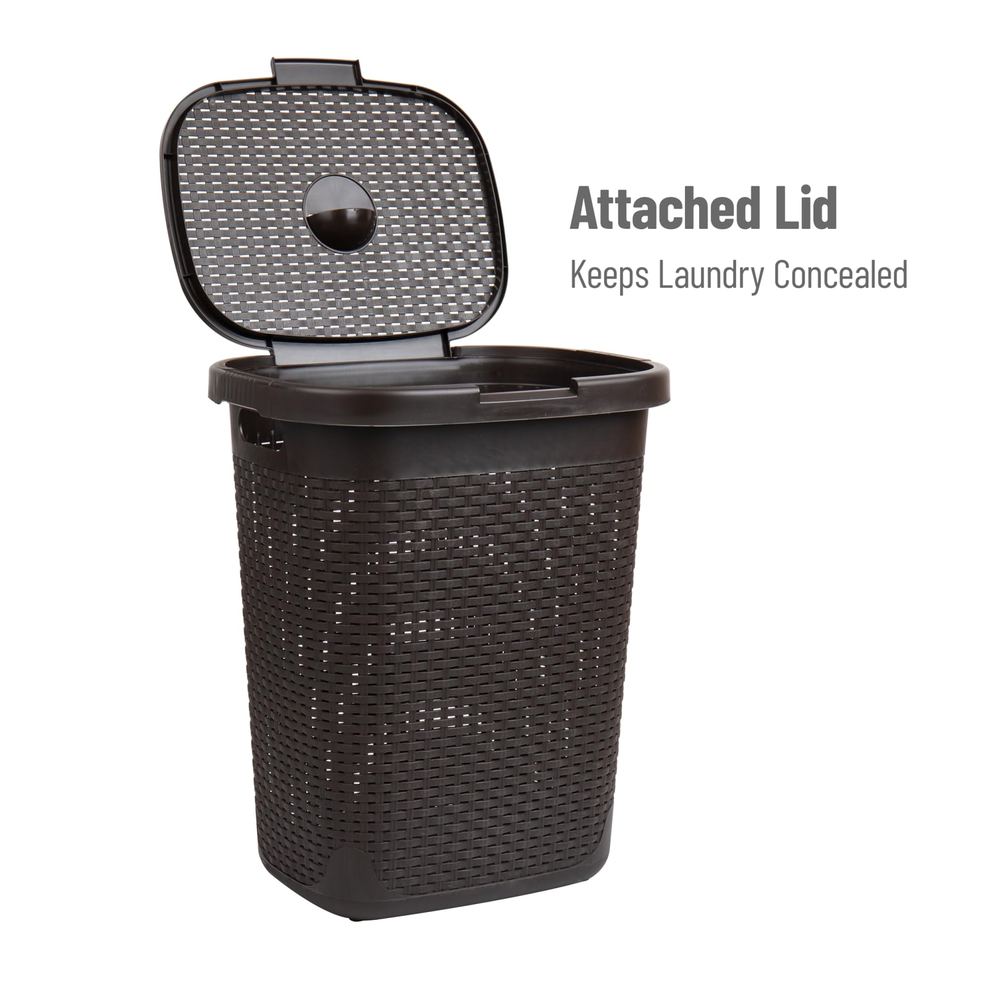 Mind Reader 50L Slim Laundry Hamper, Clothes Basket, Lid, Wicker Design, Plastic, 17.65''L X 13.75''W X 21''H, Brown