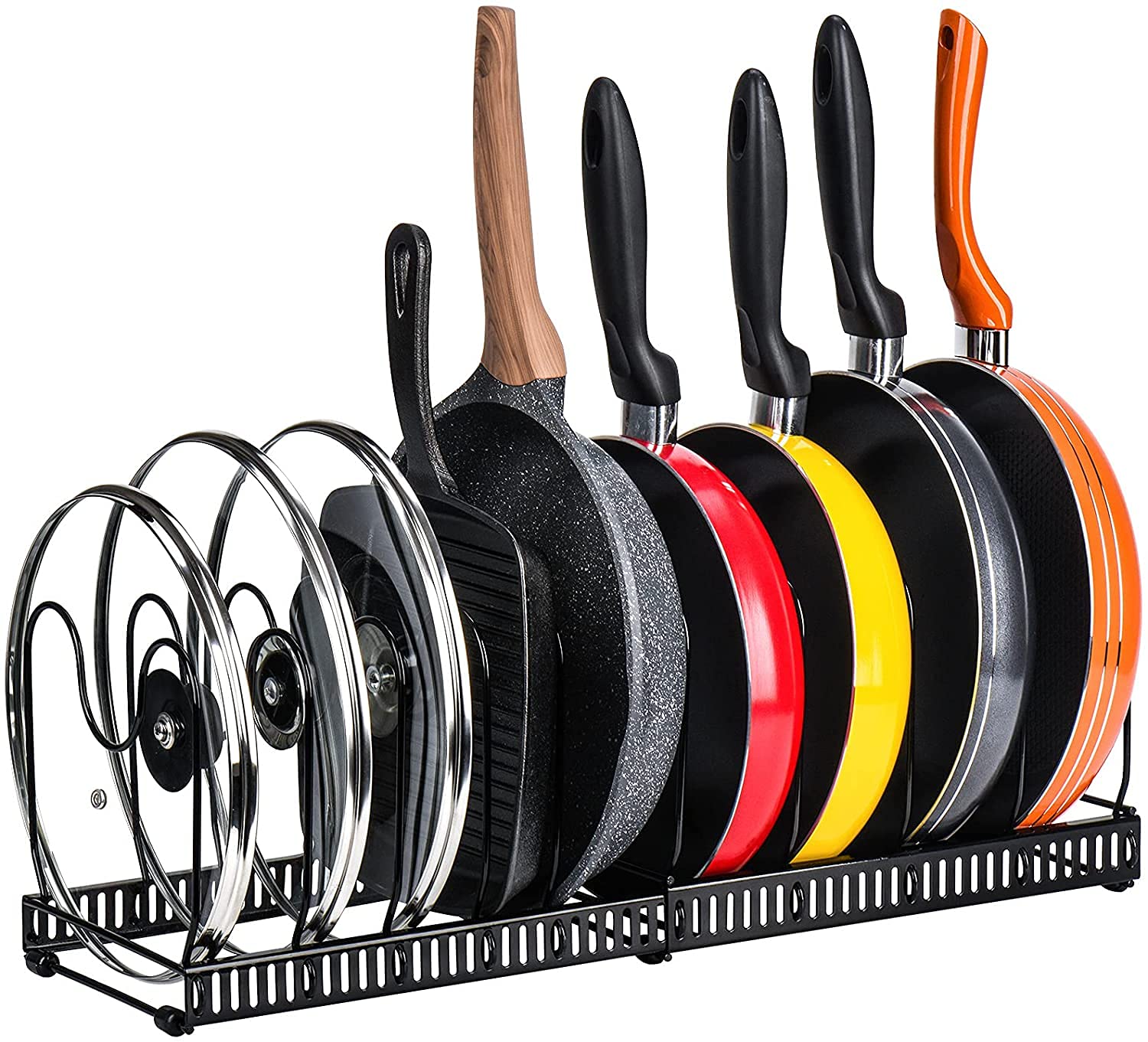 Toplife Pots and Pans Organizer Rack for Cabinet and Countertop, 10+ Pot Lids, Bakeware and Cookware Holder with 10 Adjustable C