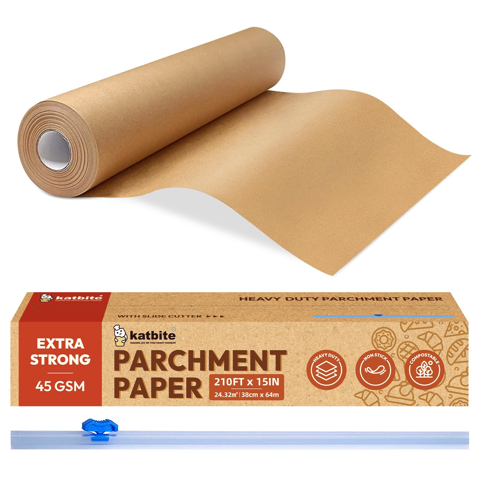 Katbite Unbleached Parchment Paper For Baking, 15 In X 210 Ft, 260 Sq.Ft, Heavy Duty Baking Paper With Slide Cutter, Non-Stick B