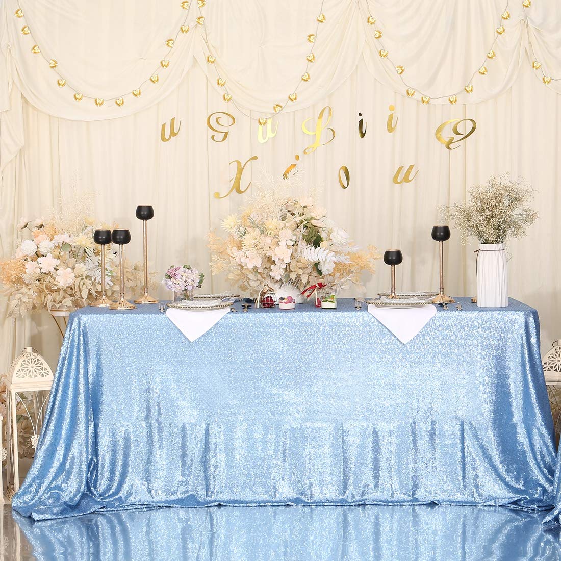 Eternal Beauty Baby Blue Sequin Tablecloth 60 x 102-Inch Sparkly Overlay Rectangle Glitter Table Cover for Wedding Party Birthda