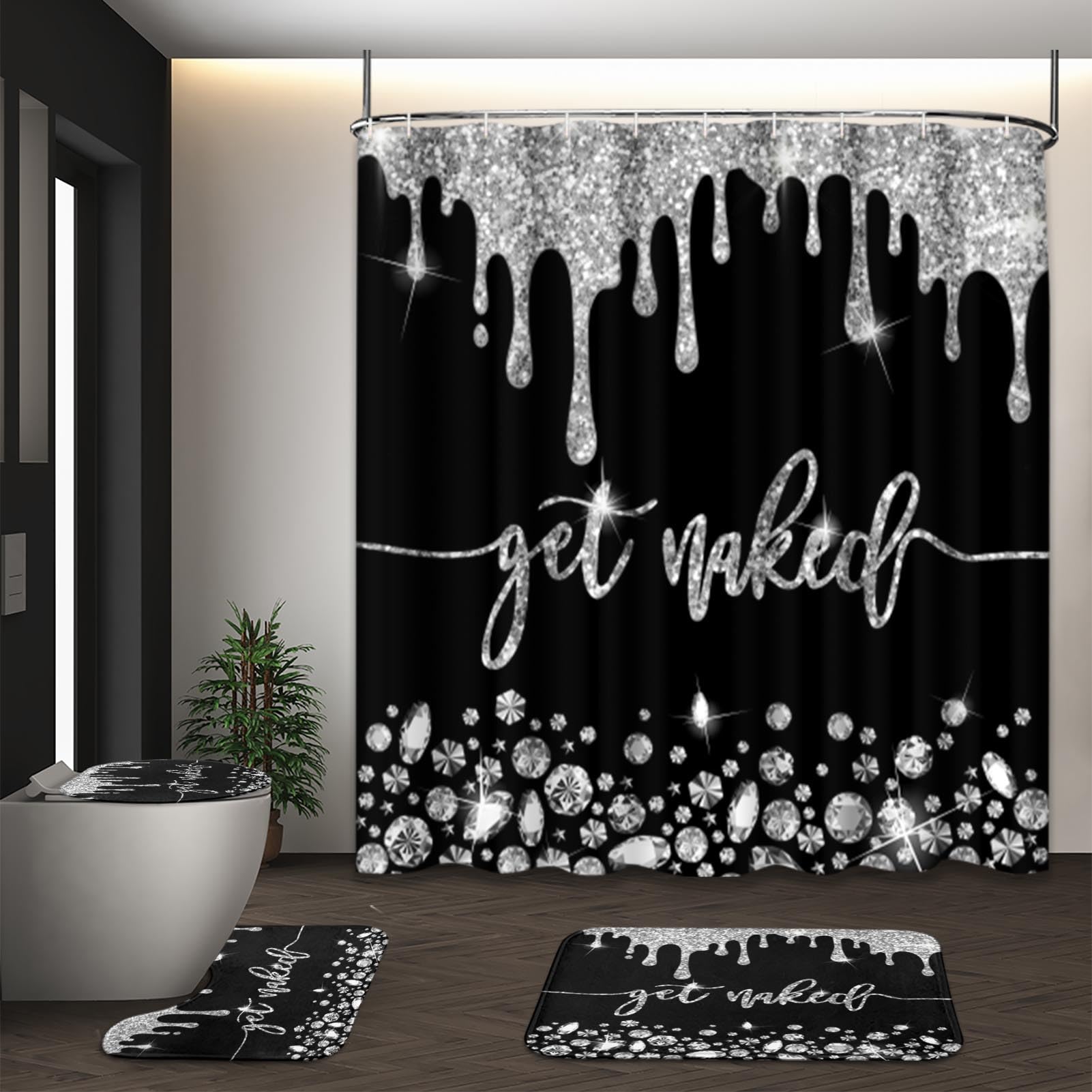 Artsocket 4Pc Silver Get Naked Shower Curtain Sets Diamond Gold Bathroom Decor With Rugs, Non-Slip Rug,Toilet Lid Cover, Bath Ma