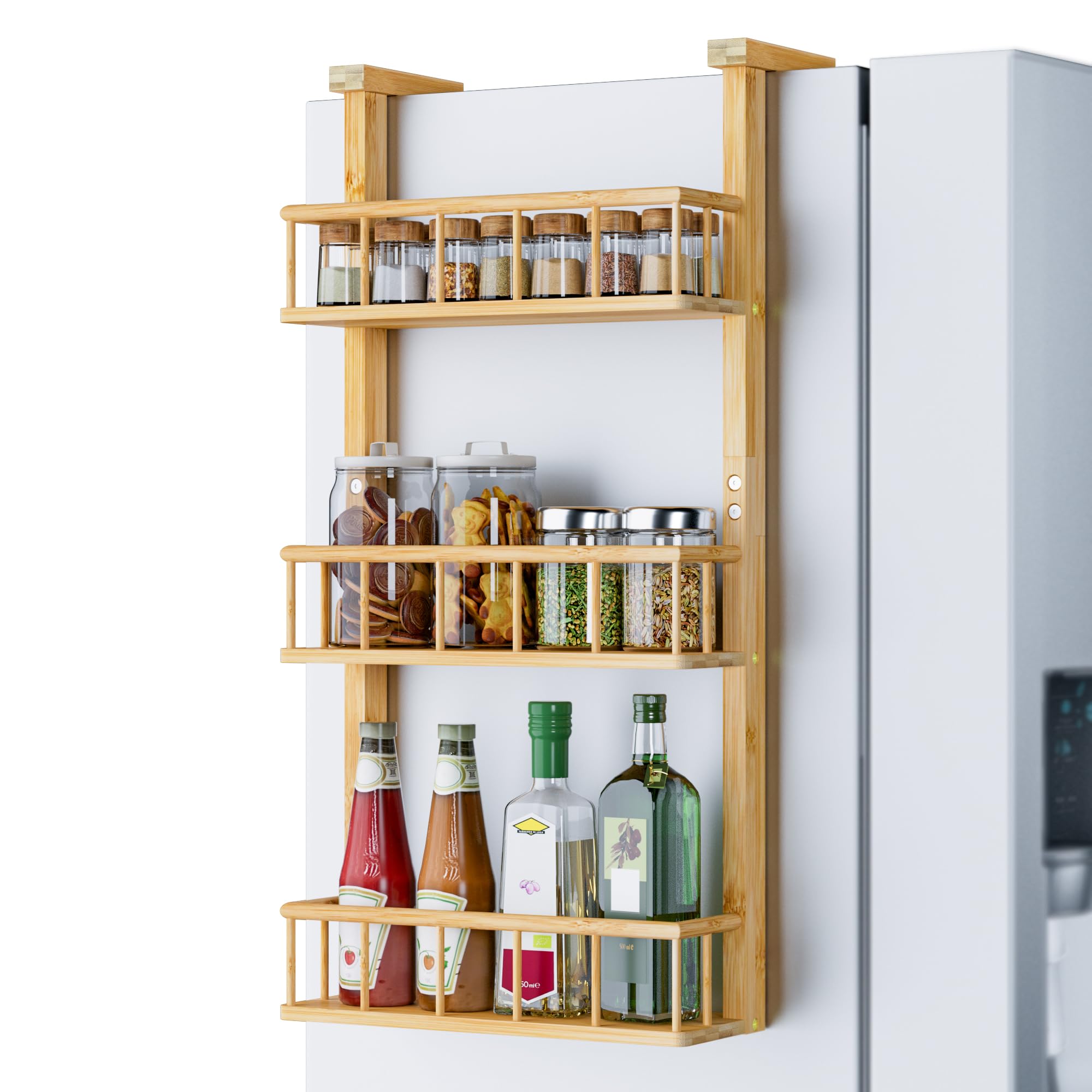 Hanging Spice Rack For Fridge  3 Tier Bamboo Kitchen Counter Rack Organizer For Cans Spice Storage Self Adhesive On Fridge And 