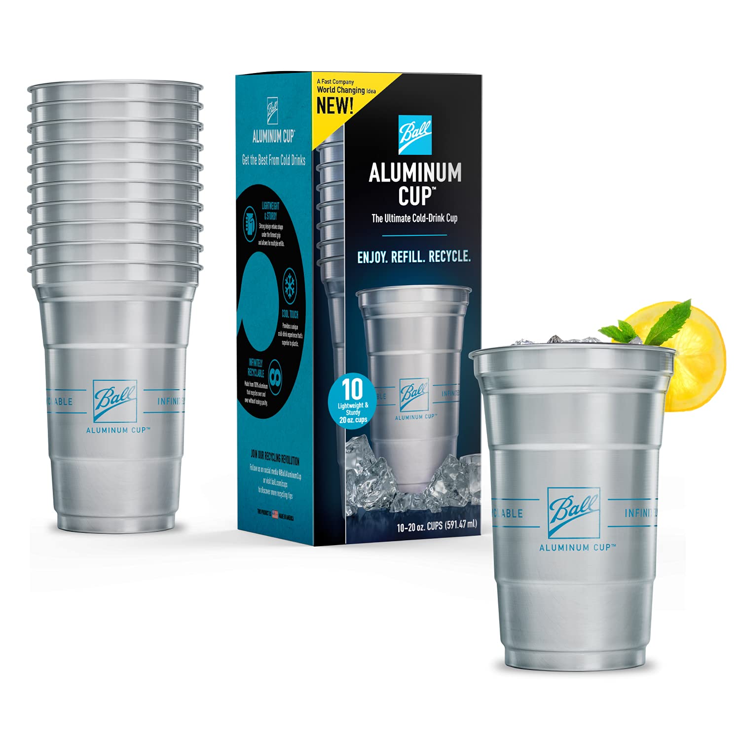 Ball Aluminum Cup Recyclable Party Cups, 20 Oz. Cup, 10 Cups Per Pack