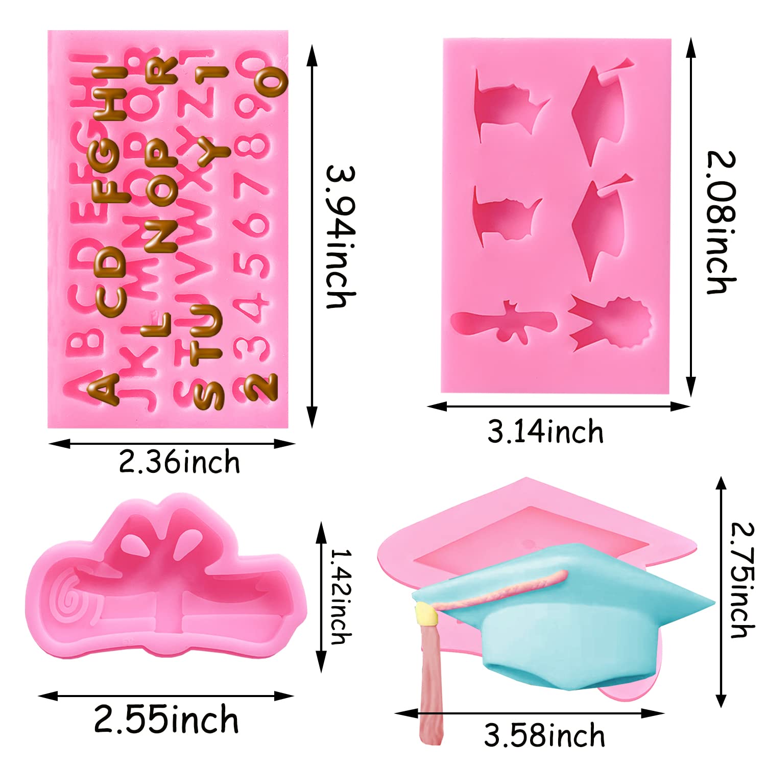Doumeny 4Pcs Graduation Silicone Mold Set, Graduation Cap Baking Mold Diploma Graduate Fondant Mold Certificate Candy Mold Docto