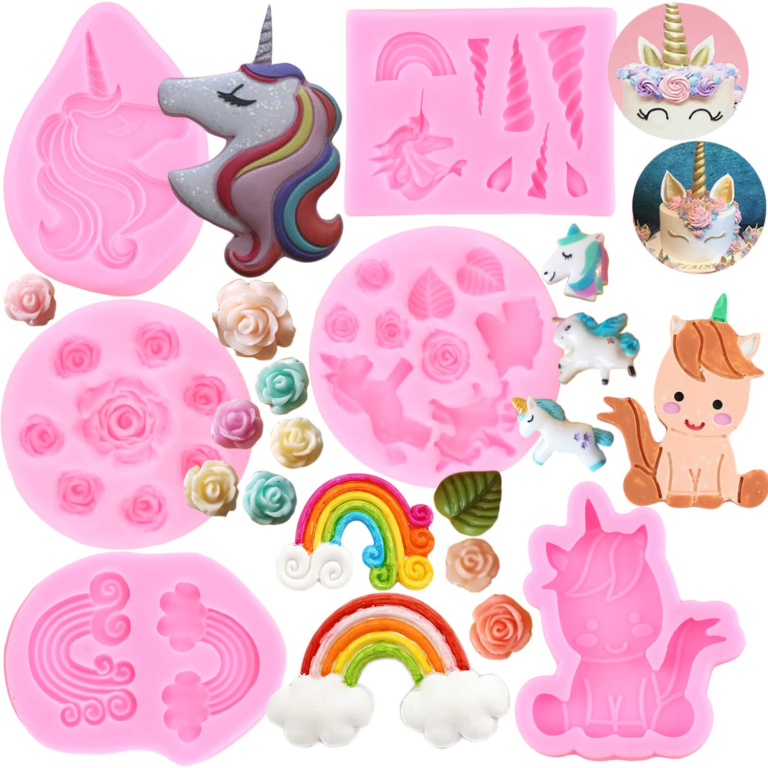 Miyahouse Unicorn Silicone Molds Rainbow Unicorn Horn Ears Fondant Molds Rose Flower Candy Molds For Cake Decorating Cupcake Top