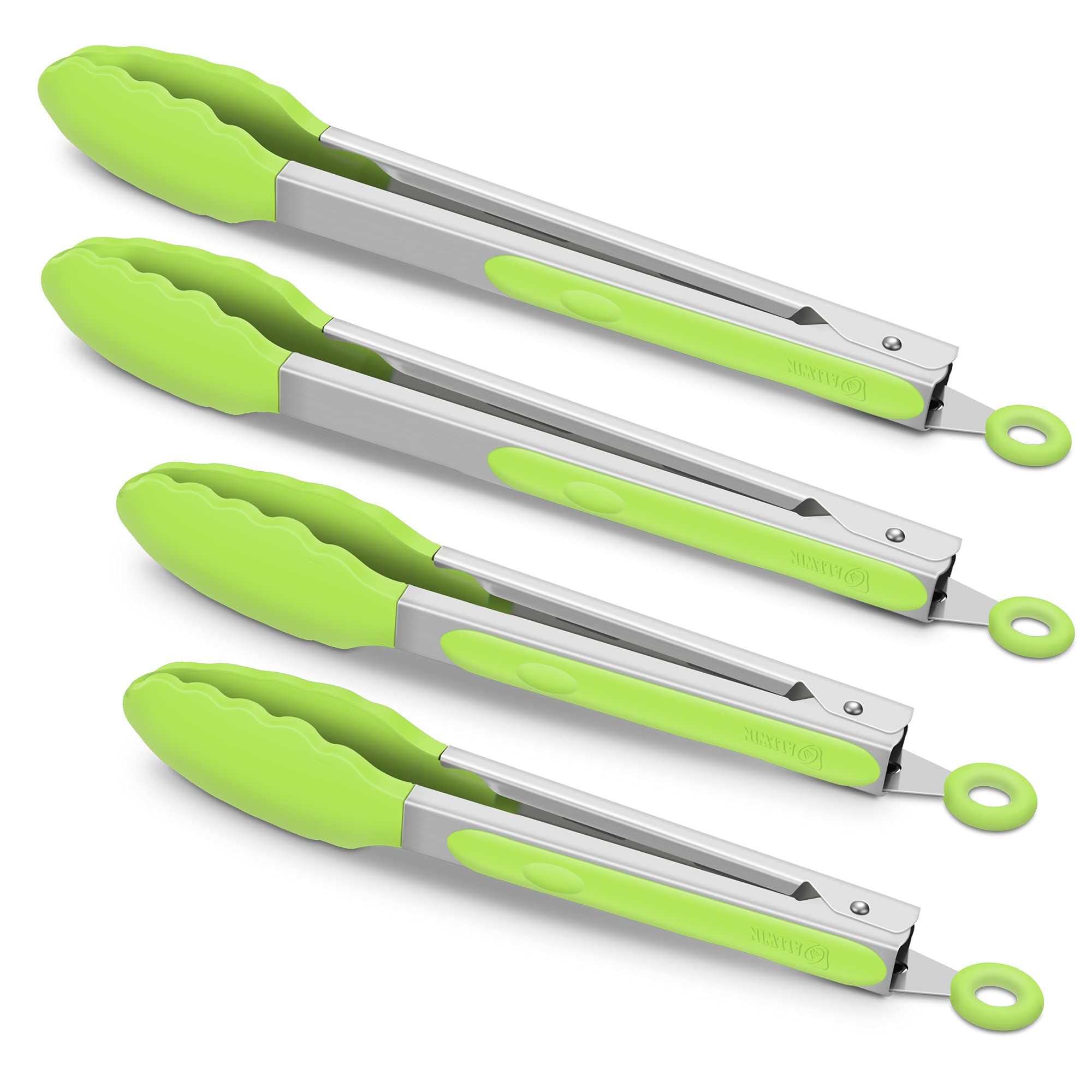4 Pack Green Kitchen Tongs, Premium Silicone Bpa Free Non-Stick Stainless Steel Bbq Cooking Grilling Locking Food Tongs, 9-Inch