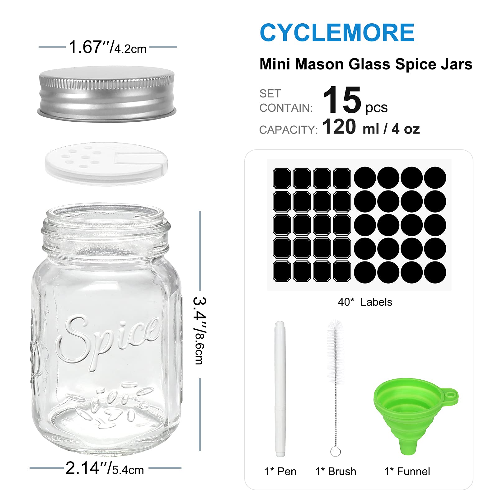 Cyclemore 15 Pack 4Oz Glass Mason Spice Jars, Round Spice Containers With Silver Metal Caps And Pour/Sift Shaker Lids-40Pcs Labe