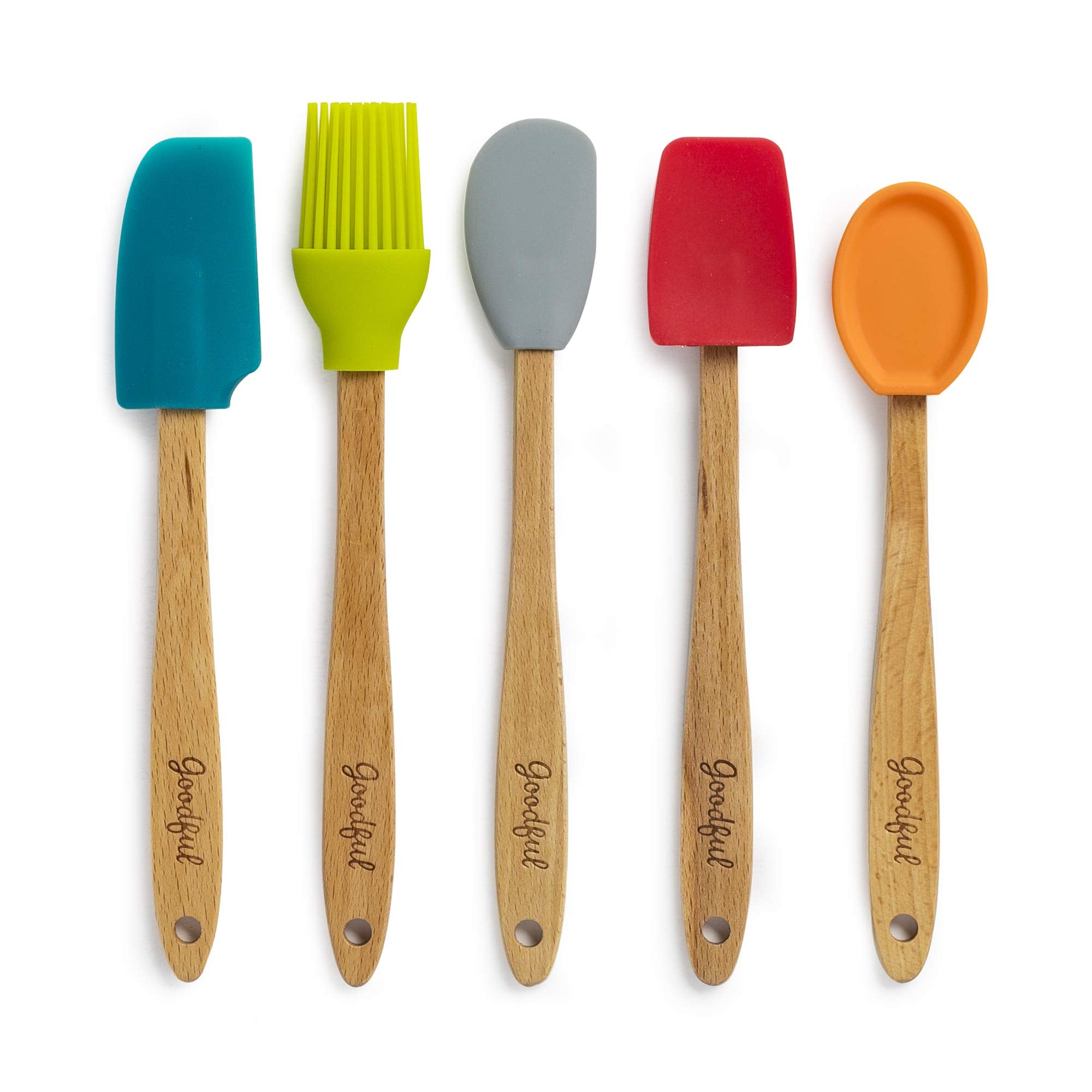 Goodful Silicone And Beechwood Mini Kitchen Utensil Set, Great For Cooking, Baking Or Reaching Into Small Jars, Easy To Clean, S