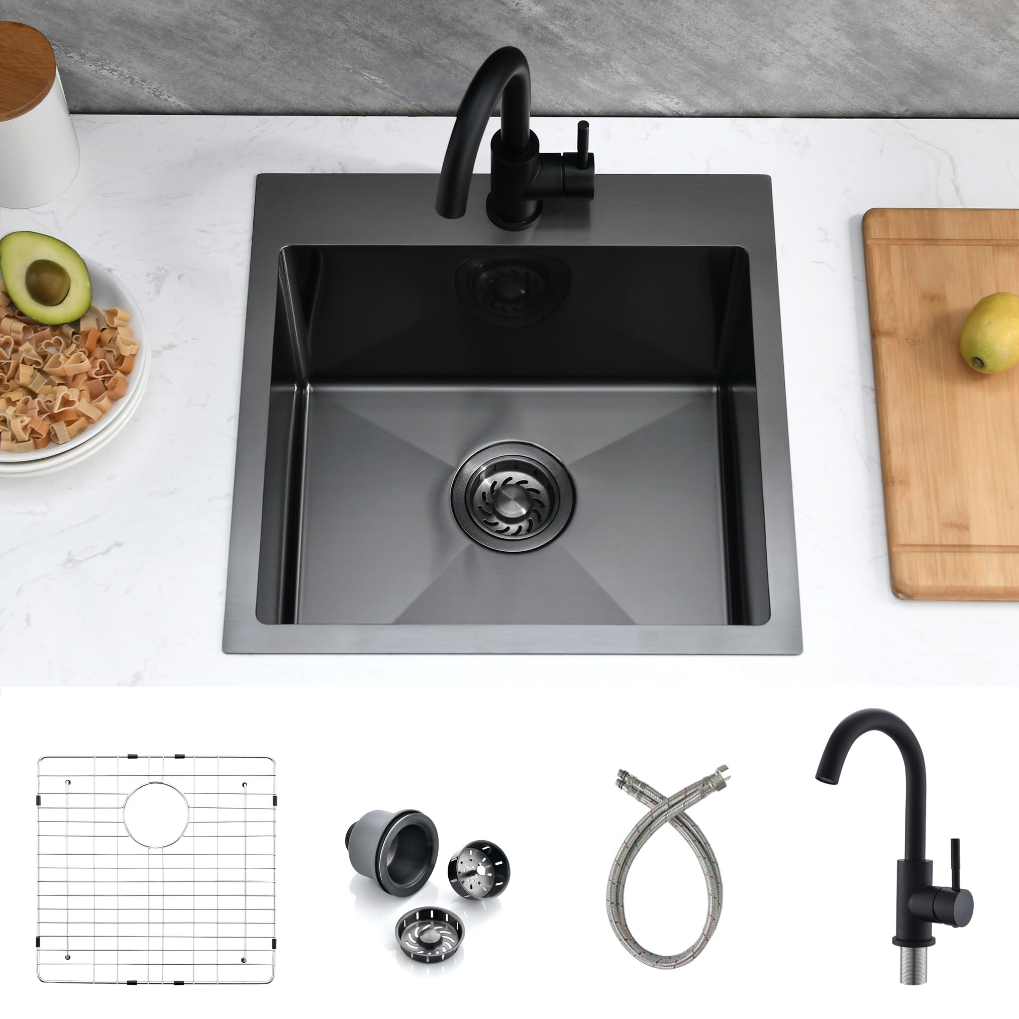 Drop In Kitchen Bar Sink with Faucet, 18 x 18 Inch Black Bar Sink Topmount Kitchen Sink 16 Gauge Stainless Steel Single Bowl