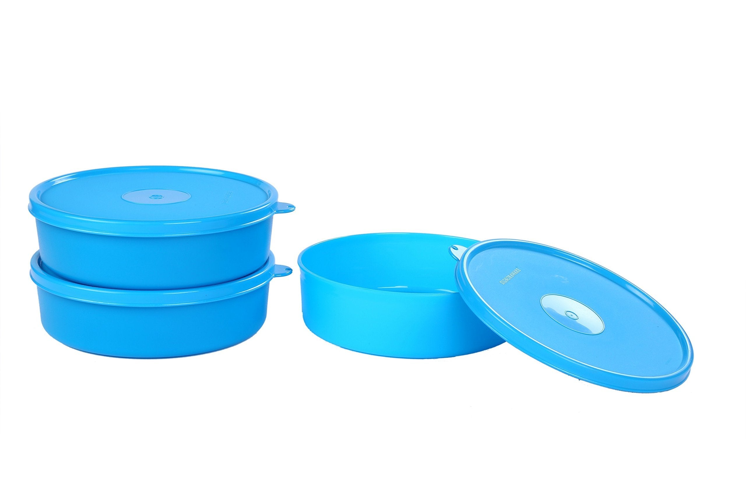 Signora Ware Plastic Classic Round Big Lunch Box Set, 800Ml, Set Of 3, Turkish Blue