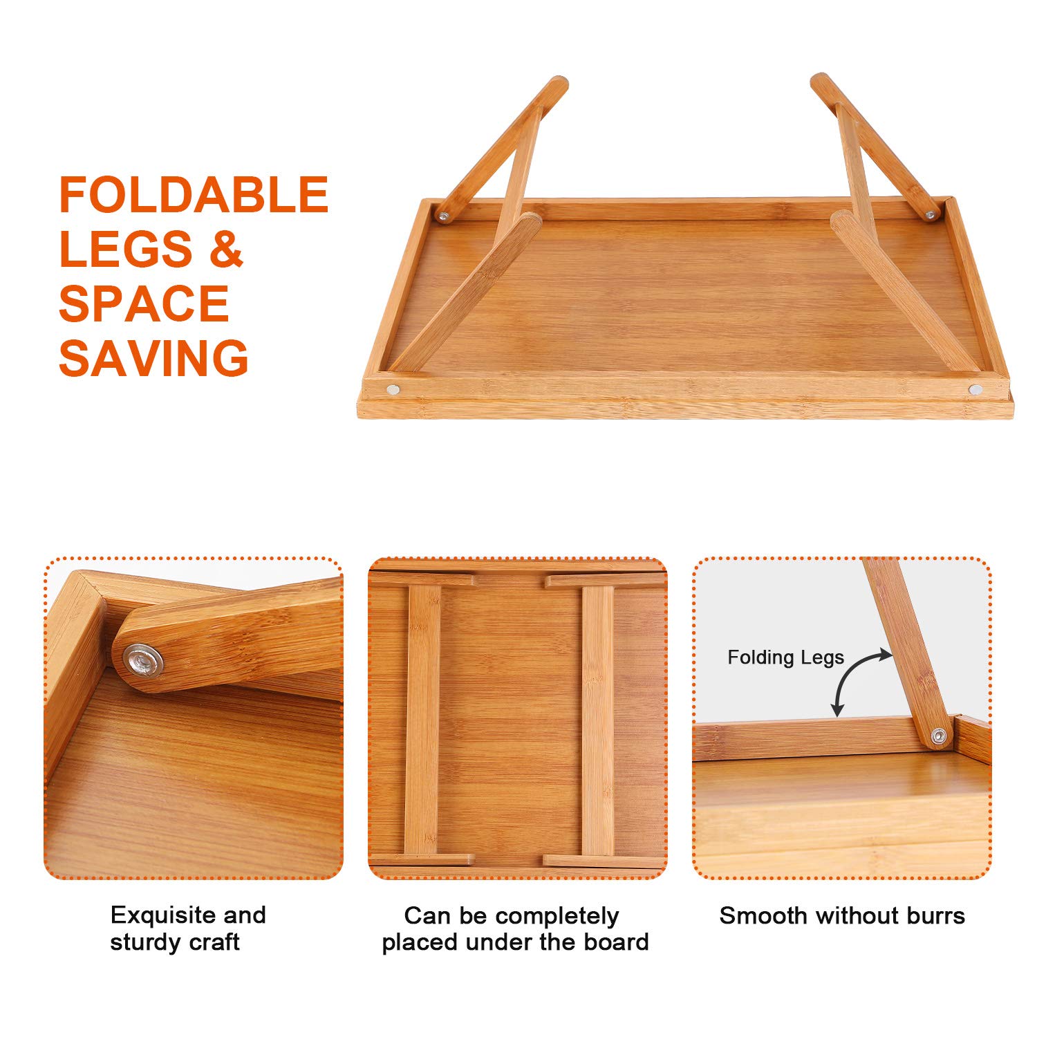 Moclever Breakfast Tray Table With Folding Legs - Serving Tray Bamboo - Dinner Trays, Tea Tray, Bar Tray, Bed Trays For Eating O