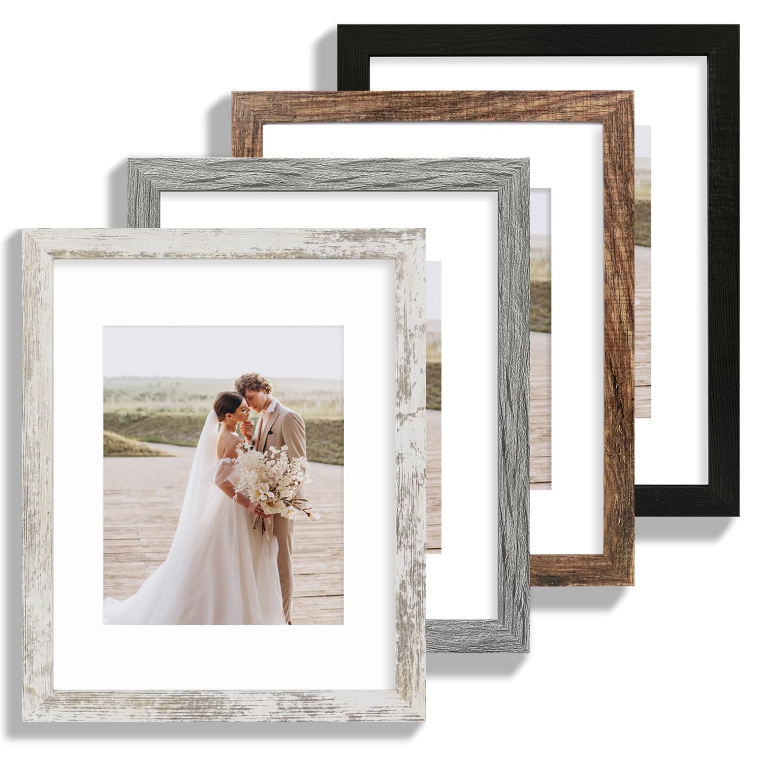 Hongkee 11x14 Picture Frame Set of 4, Made of Multicolour Wooden Frame, Display 8x10 Pictures with Mat or 11 x 14 Posters withou