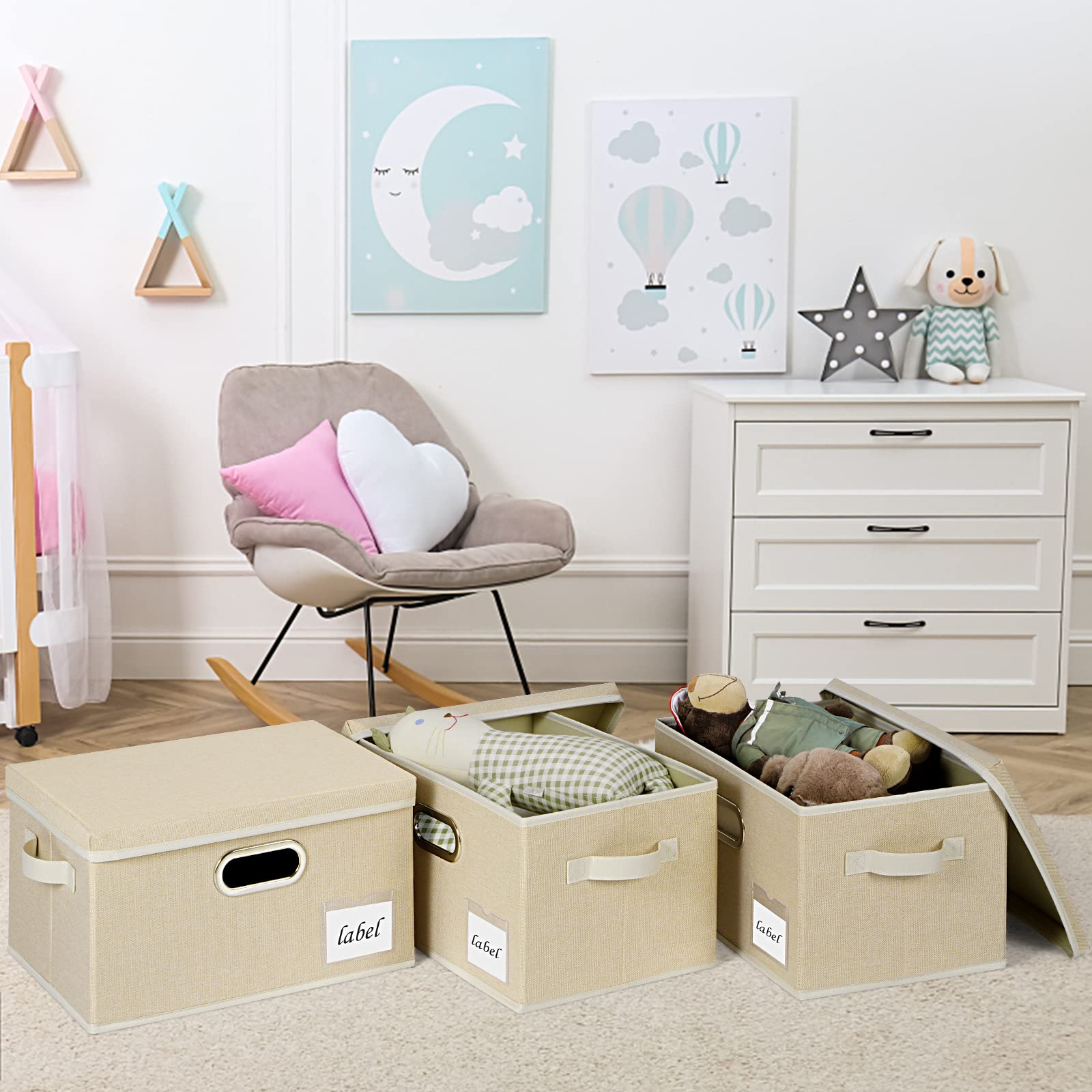 PFFVRP Extra Large Storage Bins with Lids  Foldable Linen Fabric Storage Boxes with Lids  Storage Basket with Lid with Handles and Label  Storage Bin for Living Room Bedroom Closet Office (Beige)