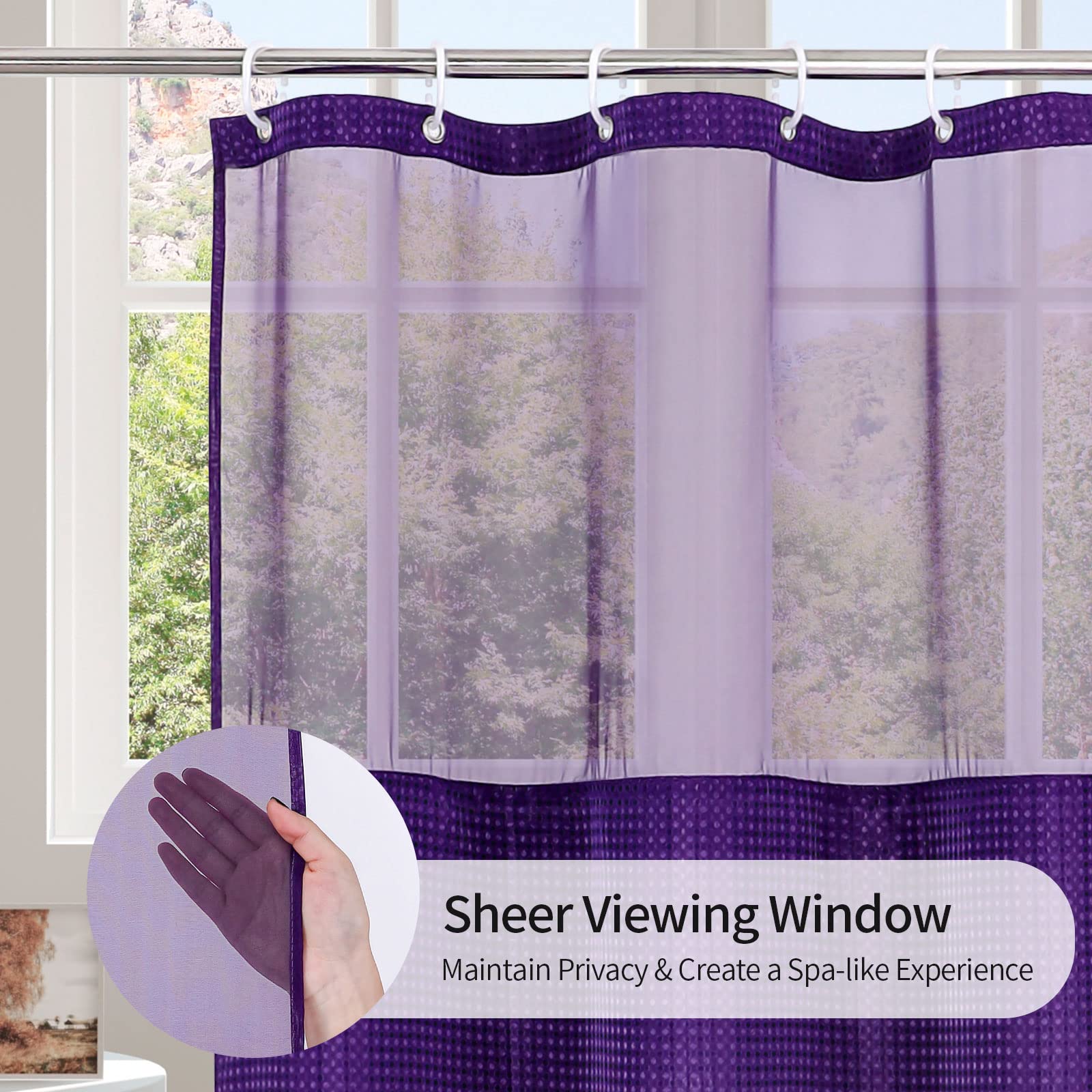 MitoVilla Purple Extra Long Shower Curtain 72 x 84  Modern 84 inch XL Waffle Fabric Shower Curtains with Snap-in Liner for Luxury Hotel Spa Bathroom Decor  Mesh Top Window Design  Lavender