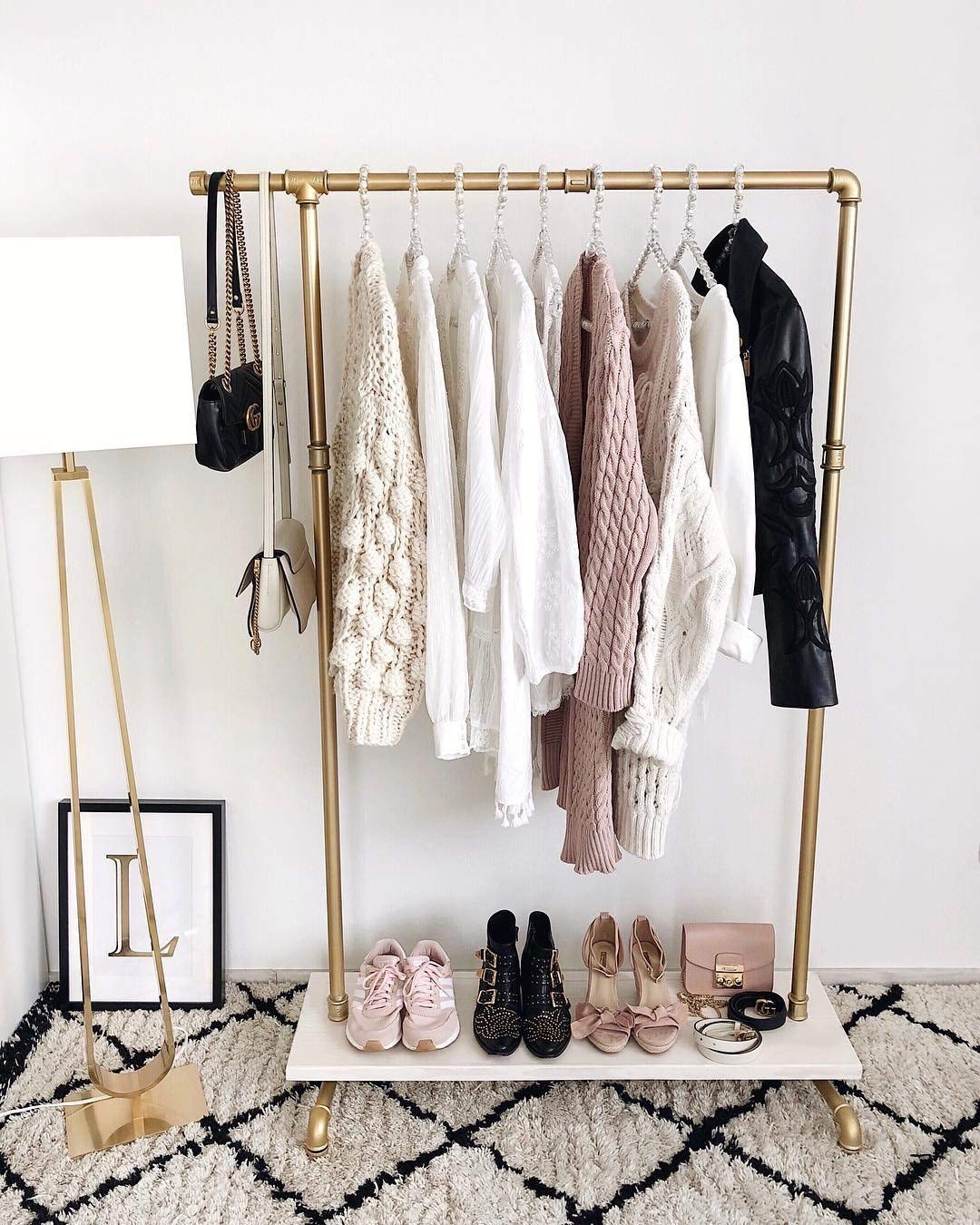 Bosuru Gold Pipe Clothing Rack Garment Rack With Shelves Retail Clothes Display Racks For Boutiques Gold Clothes Rack