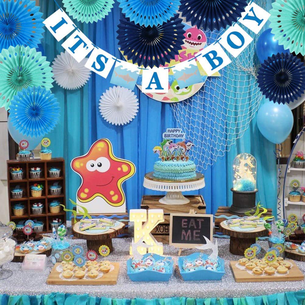 Beishida Blue White Hanging Honeycomb Round Paper Fans Decoration Kit For Baby Boy Shower 1St Birthday Navy Ocean Wedding Under