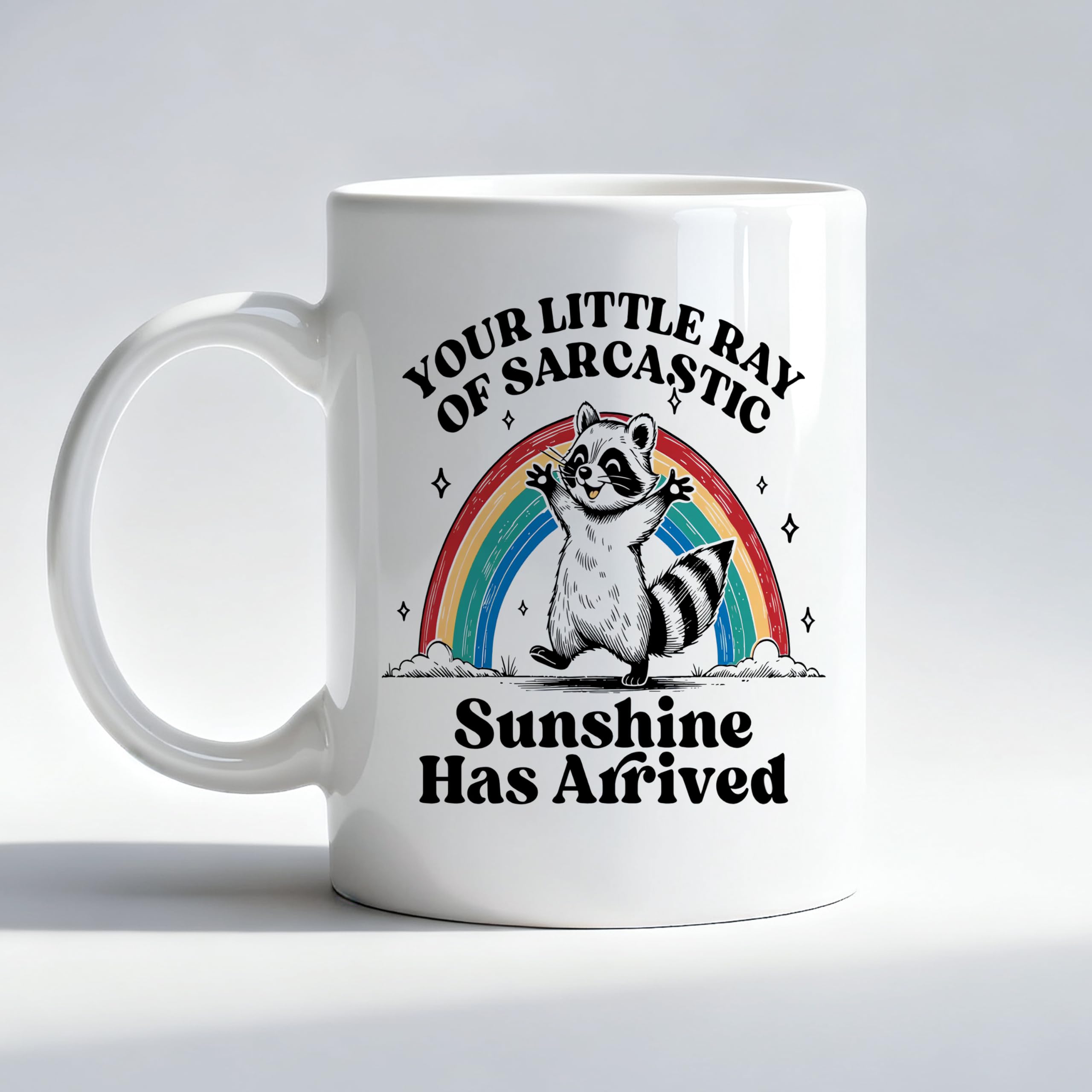 Fyecoluo Boho Rainbow Raccoon Mug, Retro Funny Meme Coffee Cup, Gifts for Raccoon Lovers, Your Little Ray of Sarcastic Sunshine 