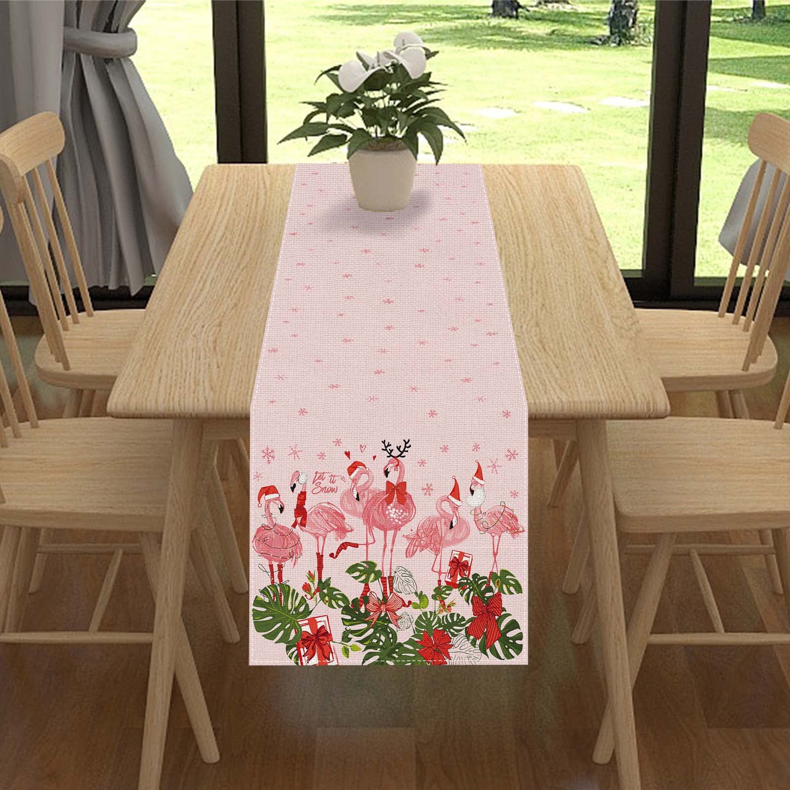Linen Pink Hawaiian Tropical Flamingo Christmas Table Runner 90 Inches Long Hawaii Beach Christmas Xmas Winter Holiday Home Kitc