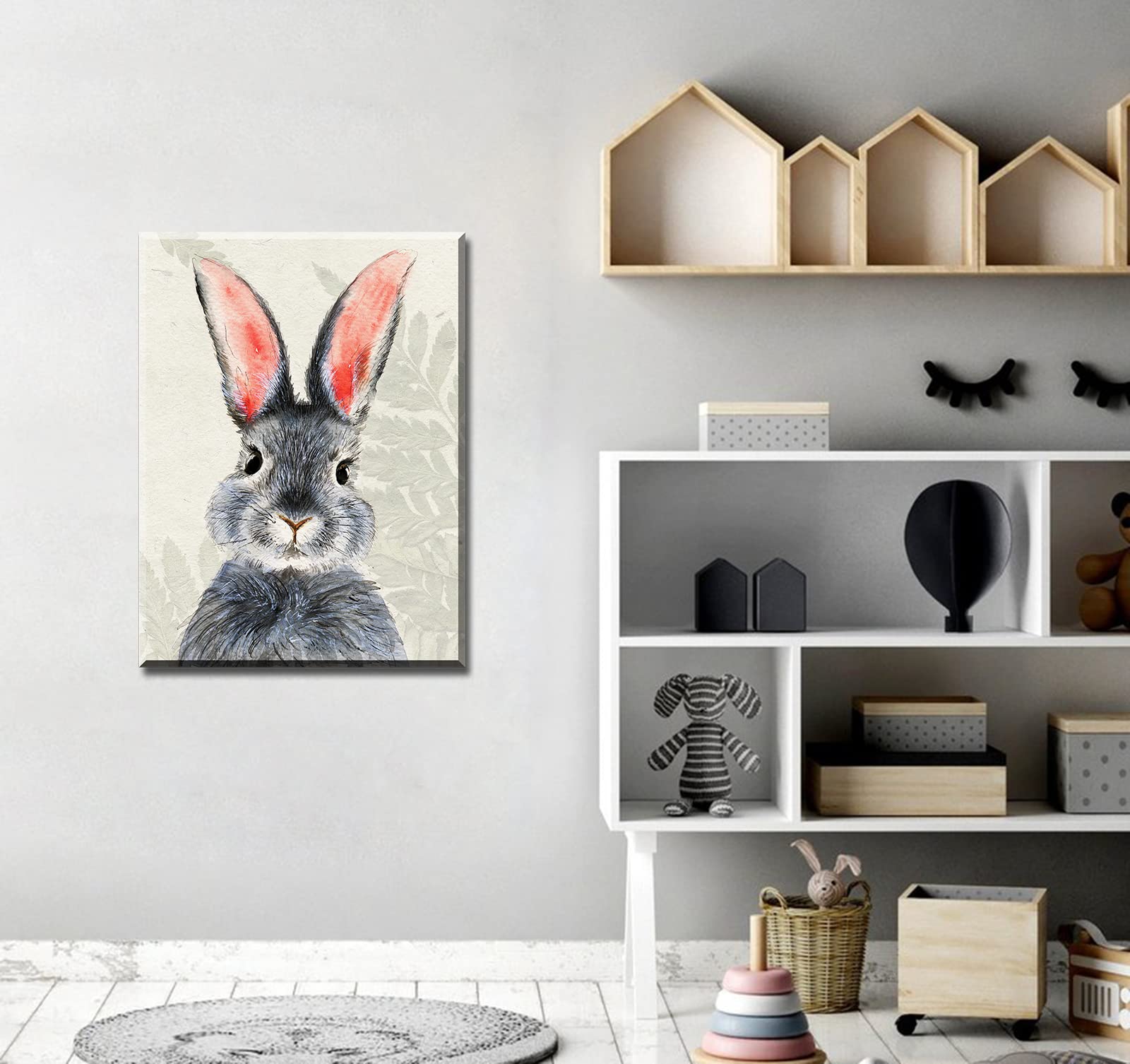 BLINFEIRU Kids Room Decor Bunny Decor Wall Art Blue Gray Cute Rabbit Poster Picture Canvas Print Girls Baby Wall Decorations 1 Panel Nursery Decor Artwork Framed Wall Art Ready to Hang 12'' Wx16 H