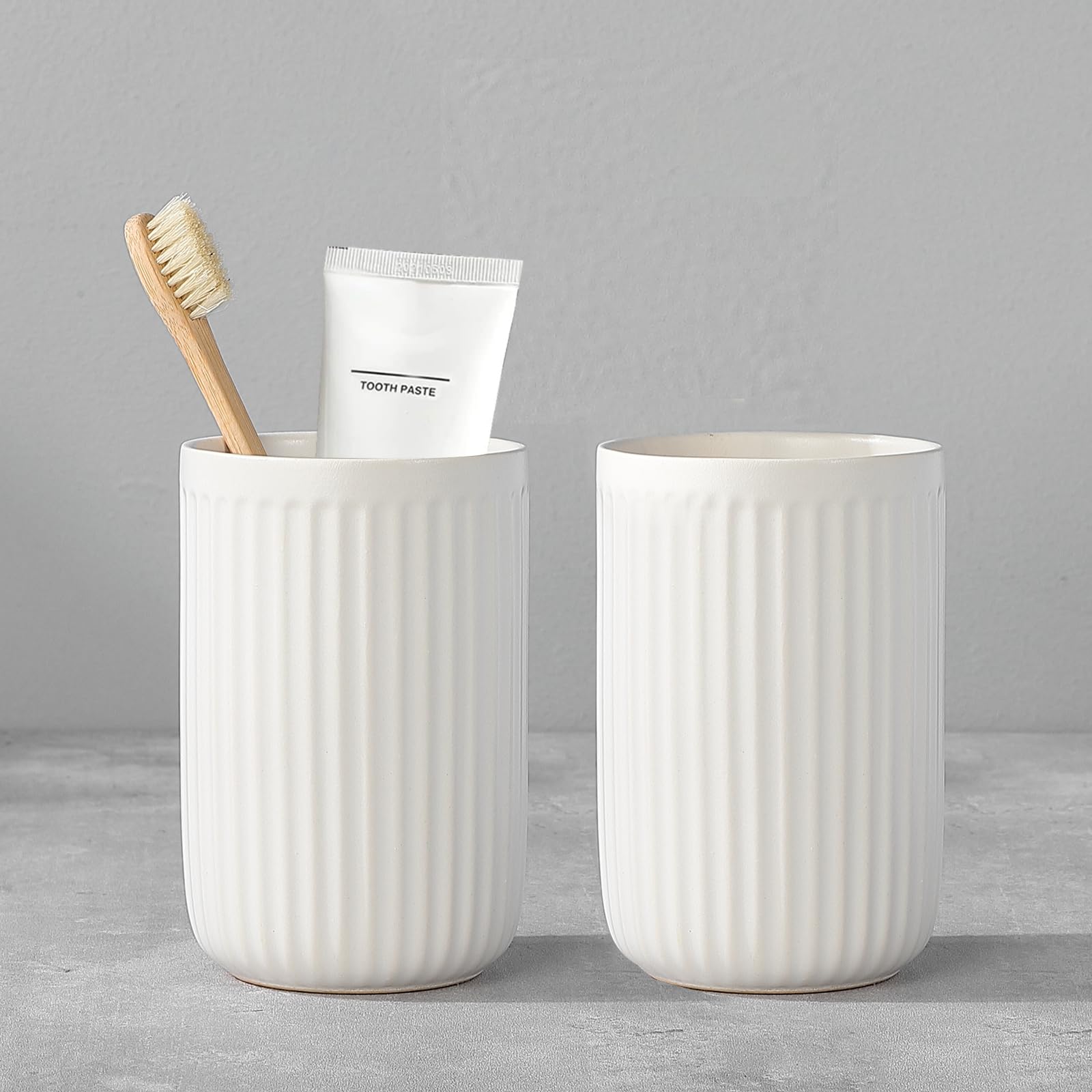 White Toothbrush Holders For Bathrooms - 2 Cups Ceramic Toothbrush Toothpaste Holders Set, White Bathroom Tumbler Cups Reusable