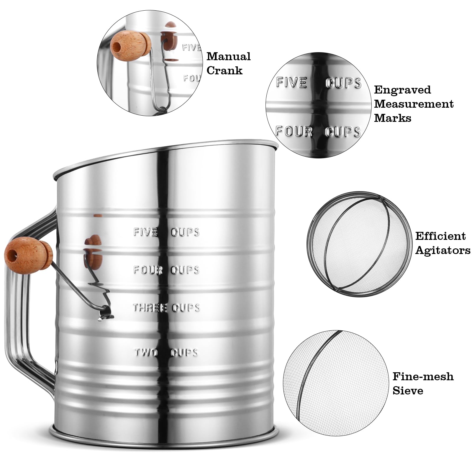 Flour Sifter For Baking, 304 Stainless Steel 5 Cup Flour Sieve Fine Mesh Screen Powder Sifters With Loop Agitator For Quick Sift