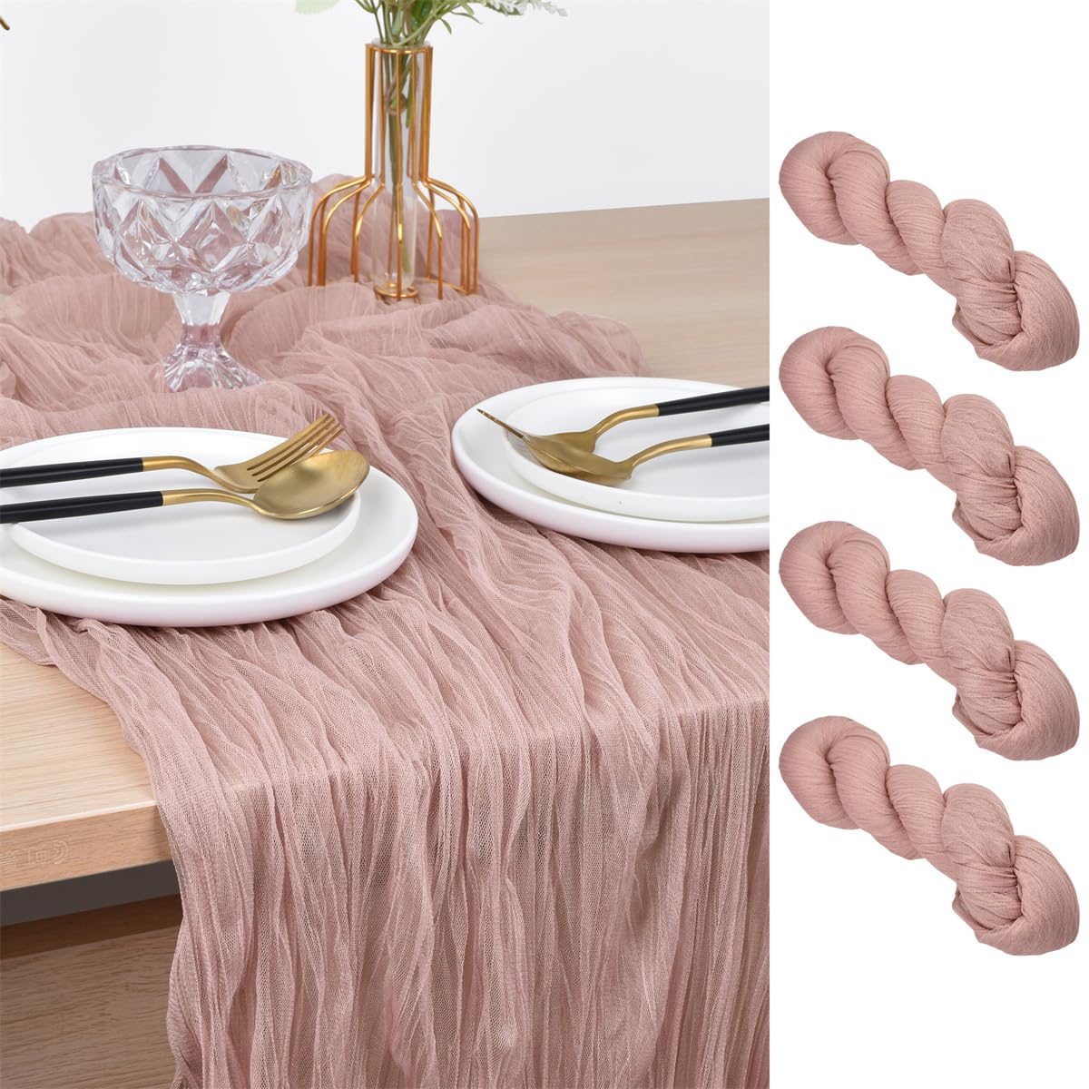 Joanlody Dusty Rose Cheesecloth Table Runner Fall Thanksgiving 10Ft Rustic Gauze Boho Cheese Cloth Table Runner for Wedding Brid