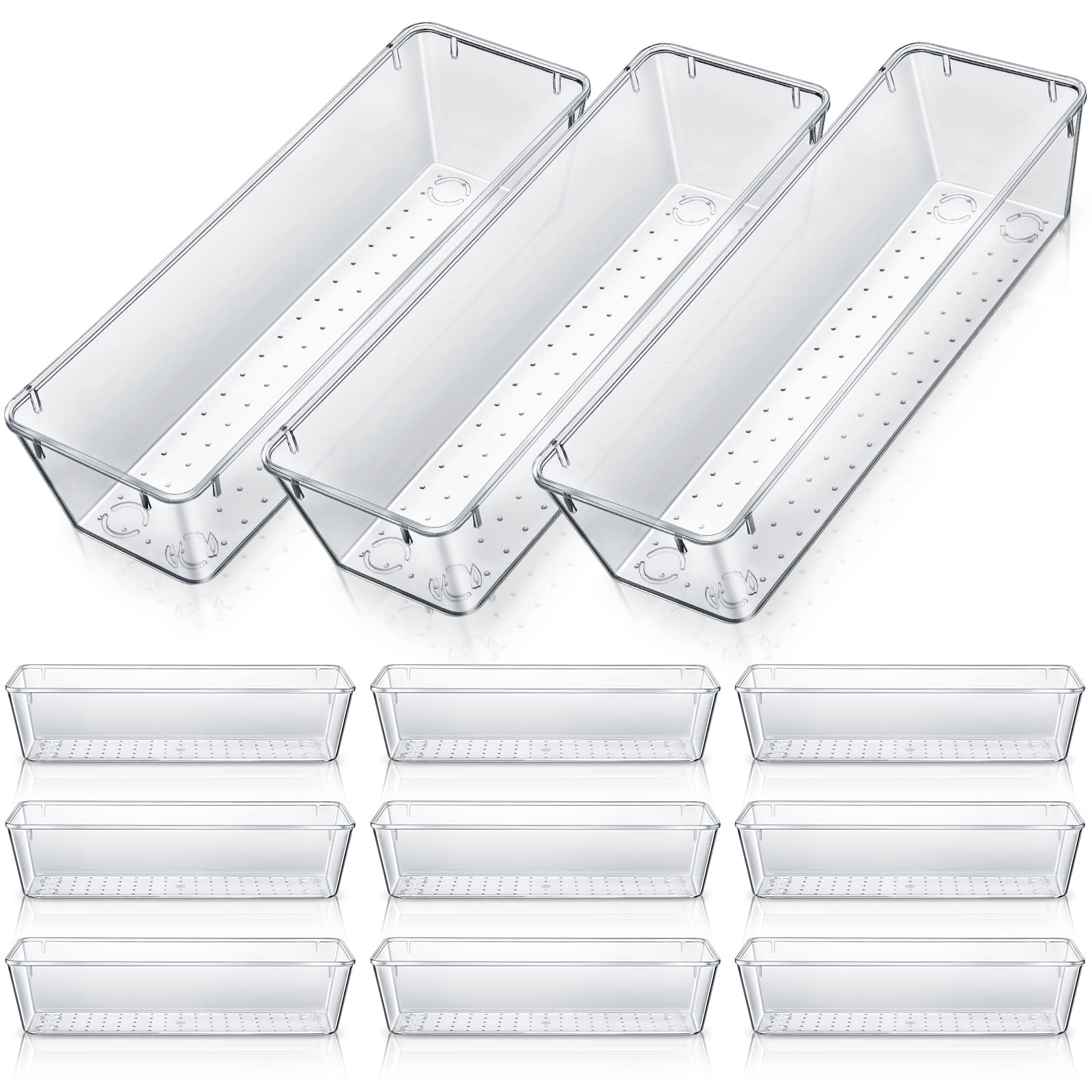 Maitys 12 Pcs Vanity Drawer Organizer 9 x 3 x 2 Inches Clear Plastic Utensil Organizers Kitchen Drawers Dividers for Office Desk