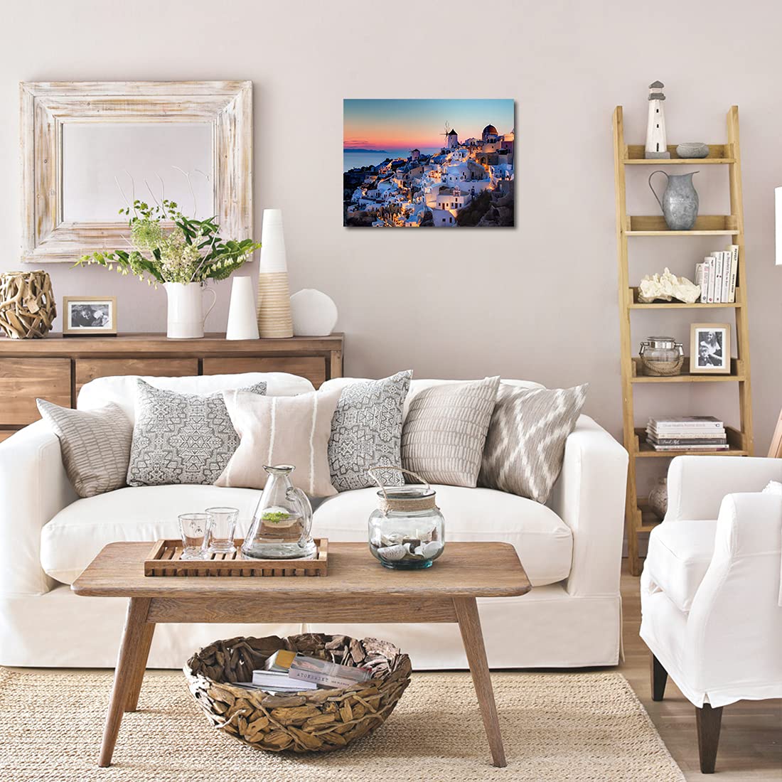 Qtespeii Santorini Island Wall Art Greece Nature Landscape Picture Canvas Prints Seascape In The Sunset Painting For Bathroom Be