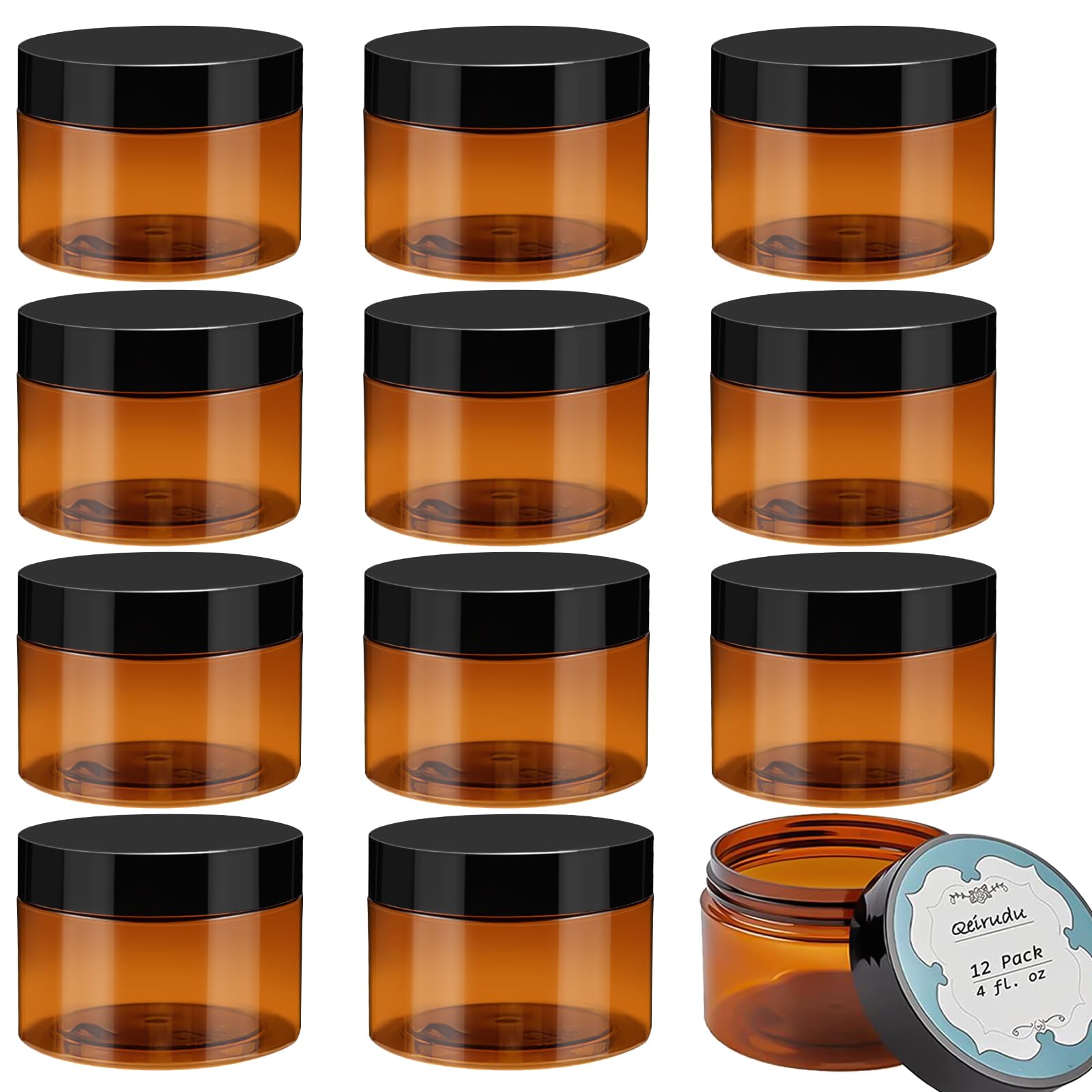 Qeirudu 4 Oz Amber Plastic Jars With Lids And Labels, 12 Pack Empty Brown Body Butter Containers For Cosmetic, Body Scrub, Cream